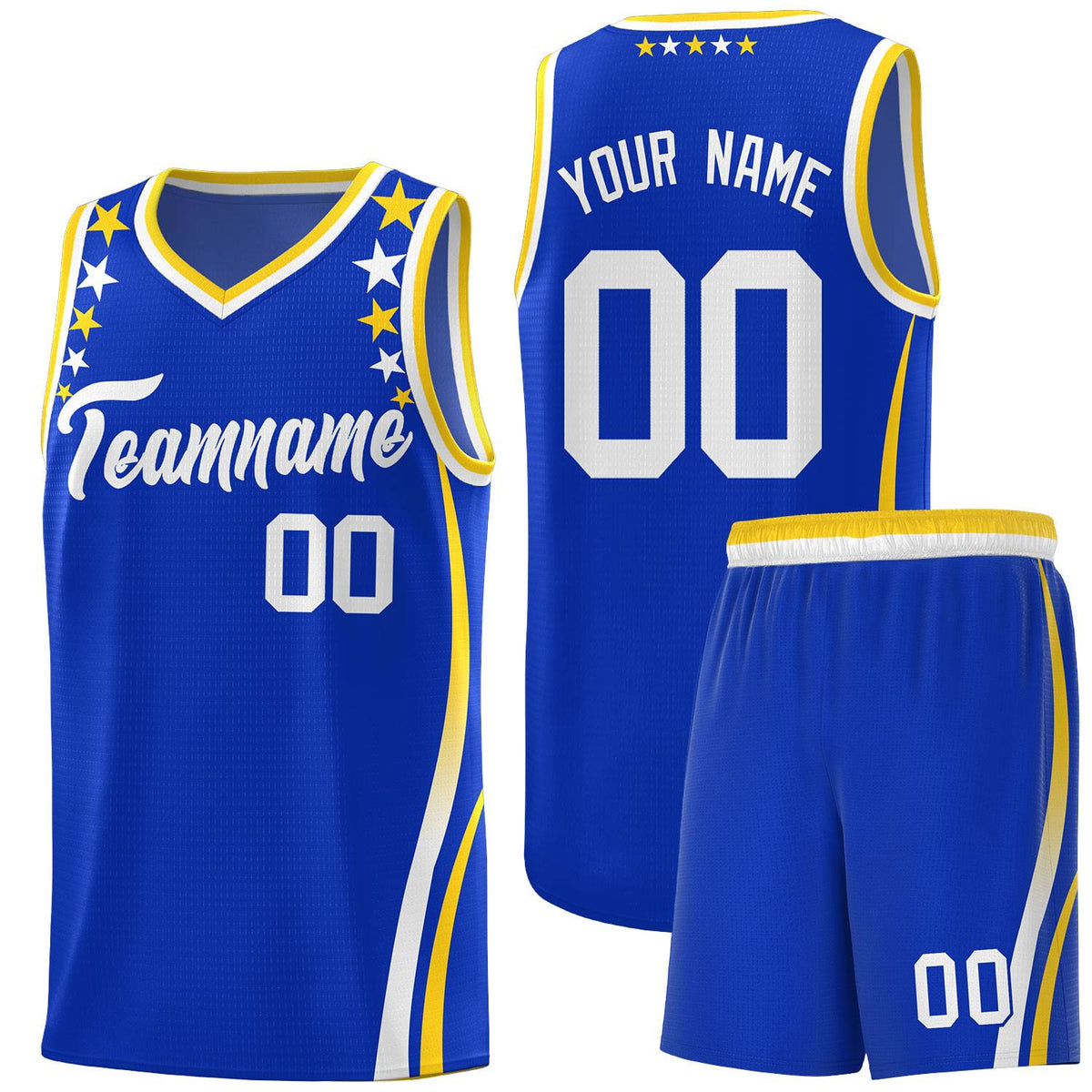 Custom Royal Shoulders Star Pattern Side Color Block Sports Uniform Basketball Kits
