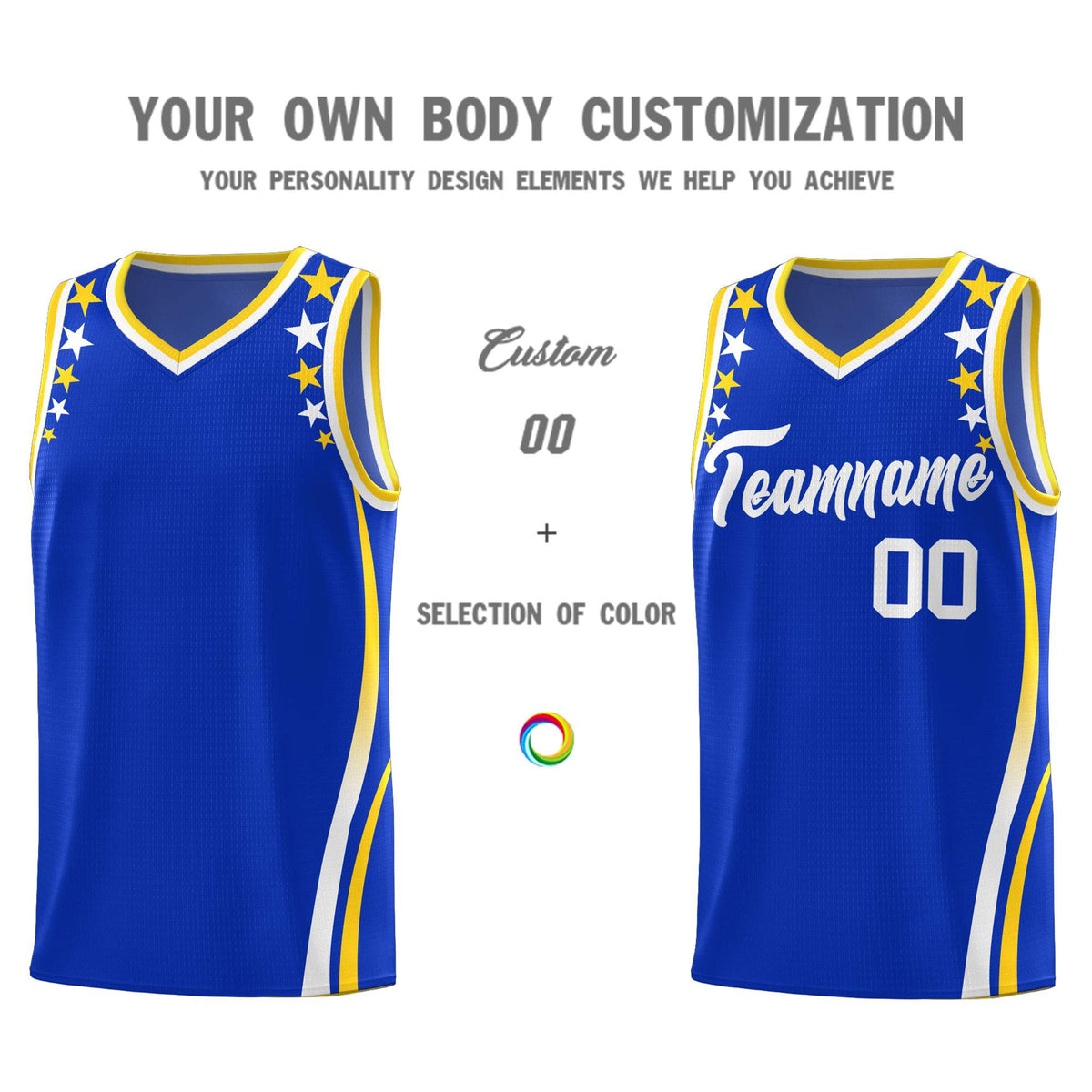 Custom Royal Shoulders Star Pattern Side Color Block Sports Uniform Basketball Kits
