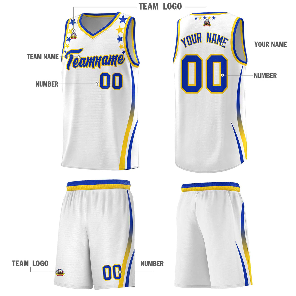 Custom White Shoulders Star Pattern Side Color Block Sports Uniform Basketball Kits