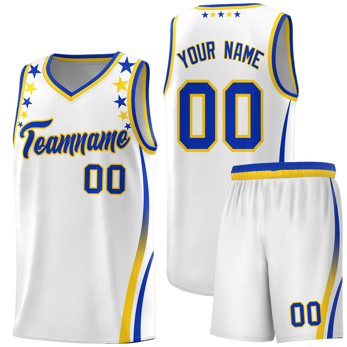 Custom White Shoulders Star Pattern Side Color Block Sports Uniform Basketball Kits