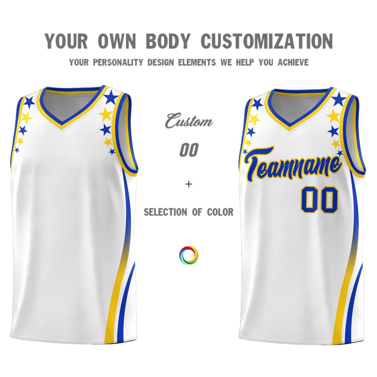 Custom White Shoulders Star Pattern Side Color Block Sports Uniform Basketball Kits