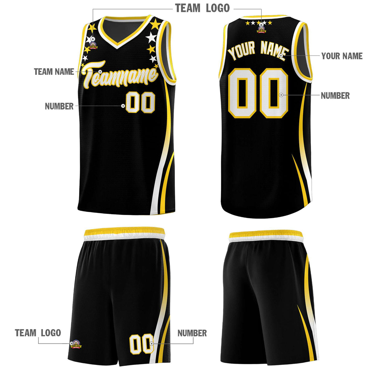 Custom Black Shoulders Star Pattern Side Color Block Sports Uniform Basketball Kits