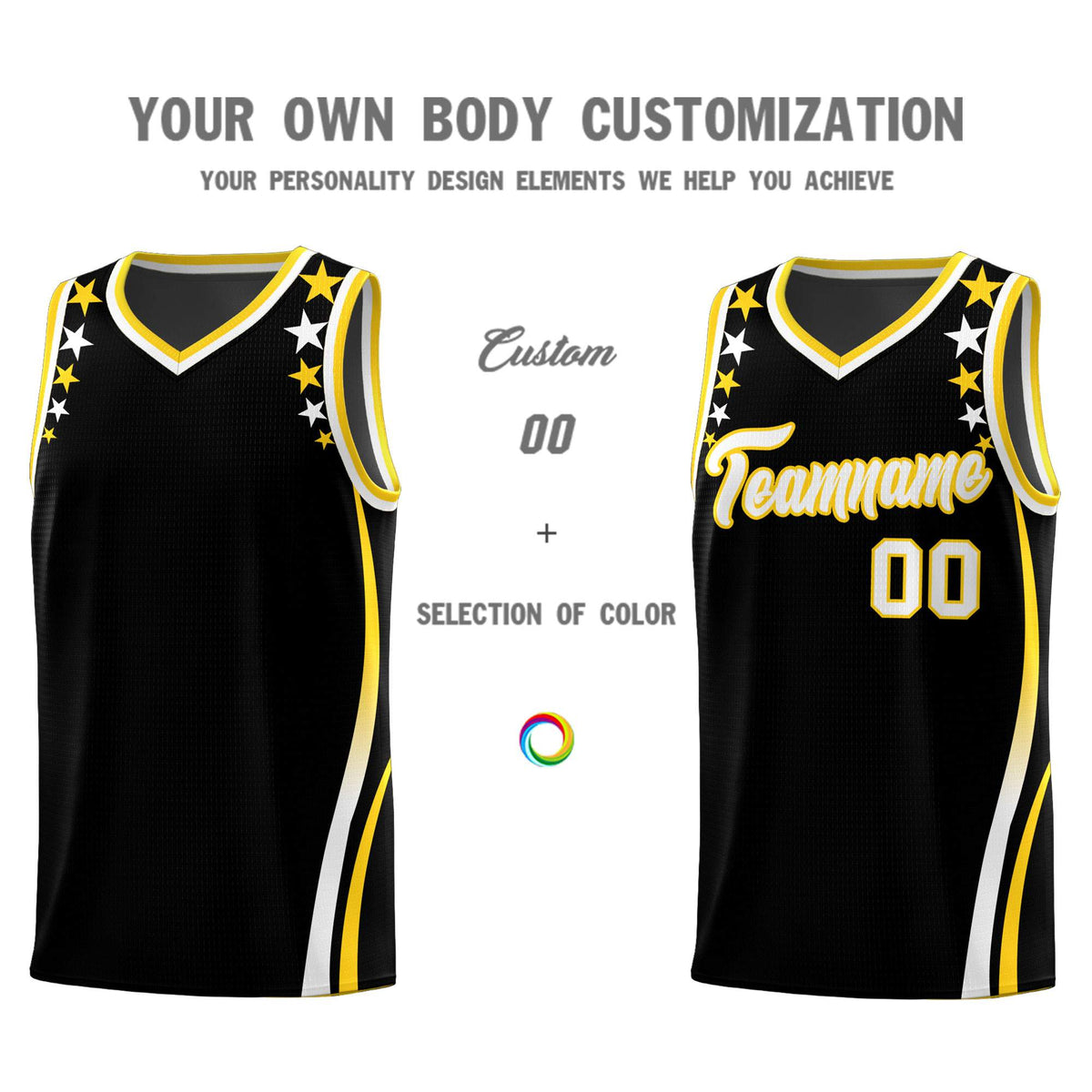 Custom Black Shoulders Star Pattern Side Color Block Sports Uniform Basketball Kits