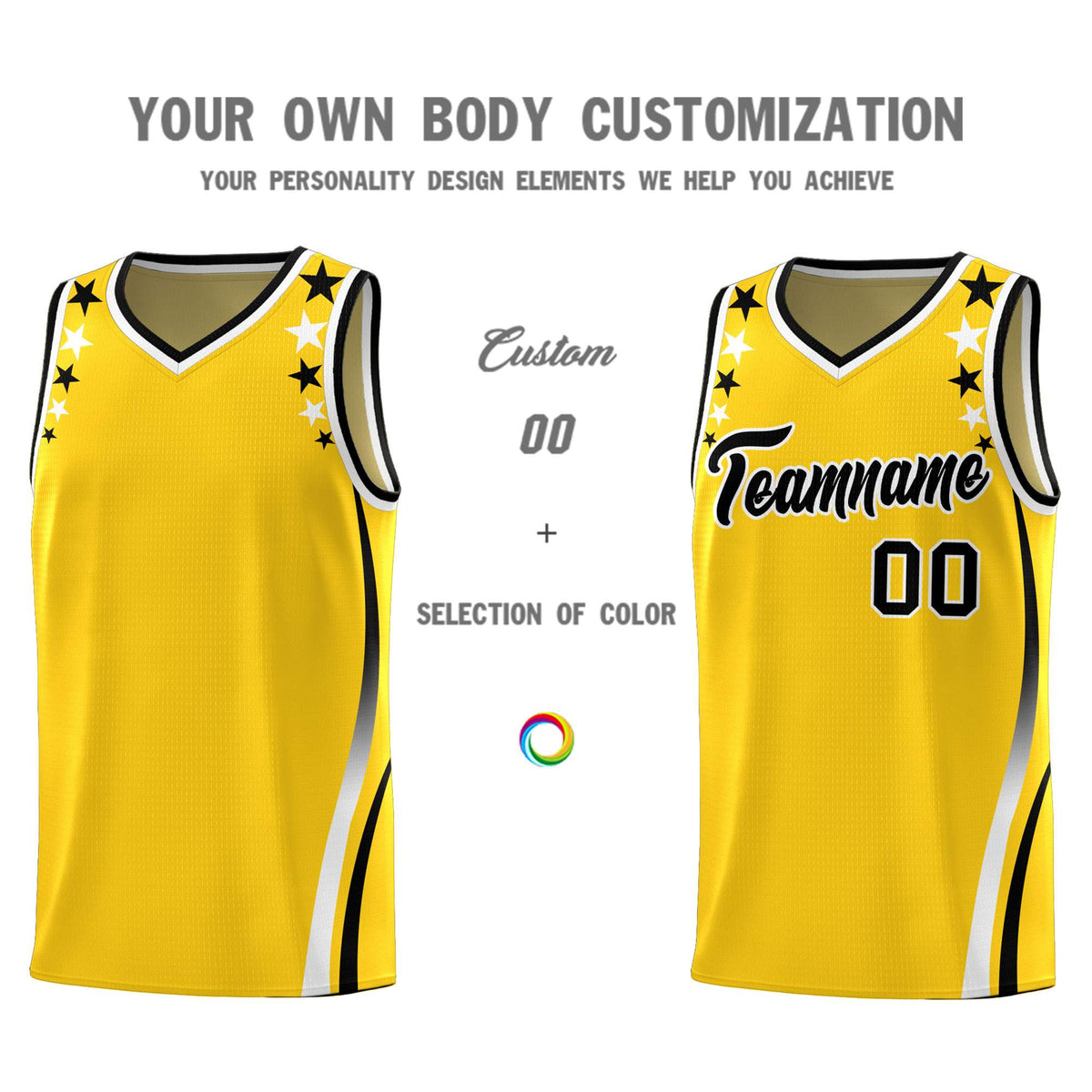 Custom Gold Shoulders Star Pattern Side Color Block Sports Uniform Basketball Kits