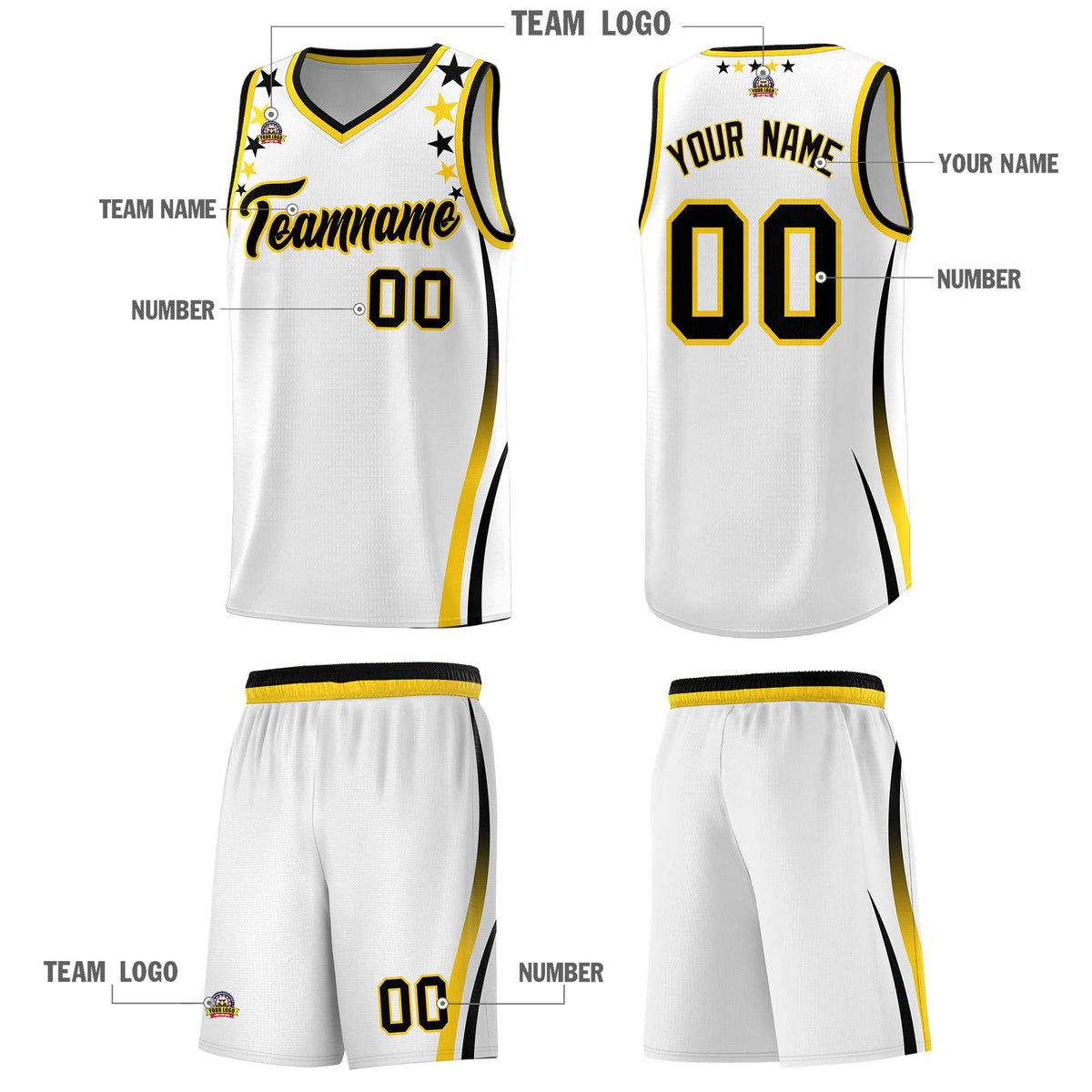 Custom White Shoulders Star Pattern Side Color Block Sports Uniform Basketball Kits