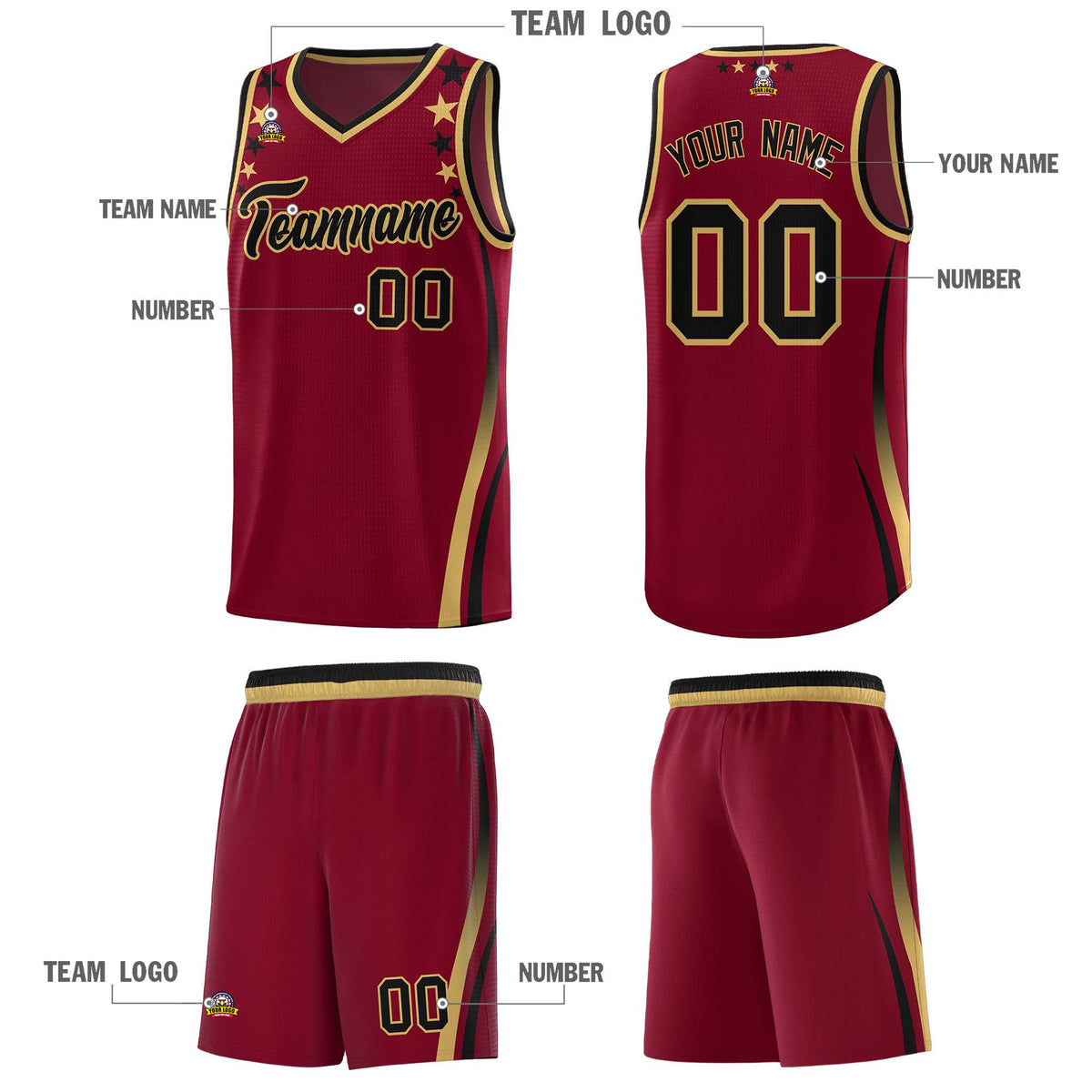 Custom Crimson Shoulders Star Pattern Side Color Block Sports Uniform Basketball Kits