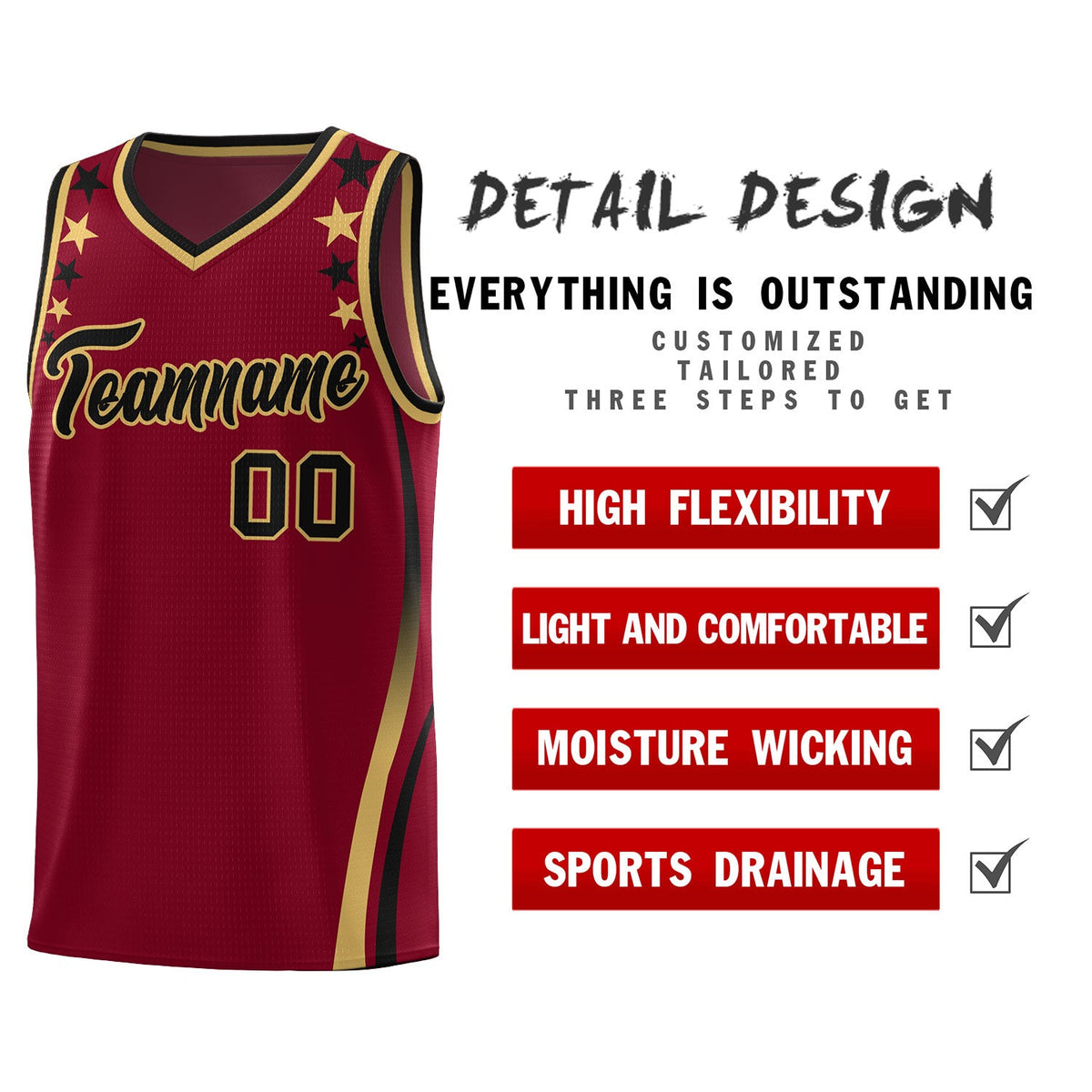 Custom Crimson Shoulders Star Pattern Side Color Block Sports Uniform Basketball Kits