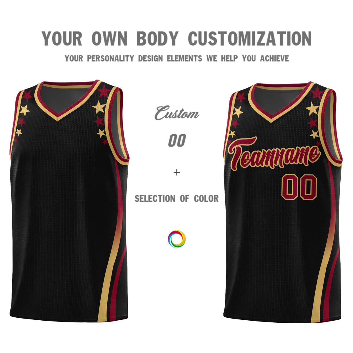 Custom Black Shoulders Star Pattern Side Color Block Sports Uniform Basketball Kits