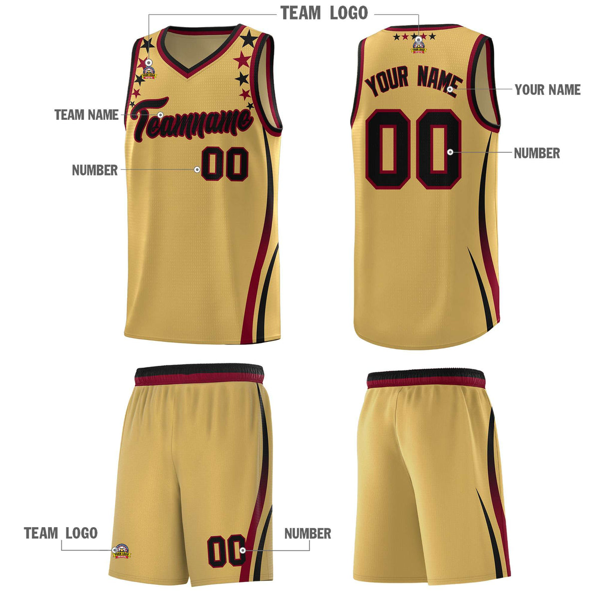 Custom Old Gold Shoulders Star Pattern Side Color Block Sports Uniform Basketball Kits