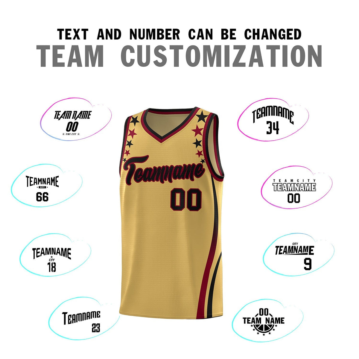 Custom Old Gold Shoulders Star Pattern Side Color Block Sports Uniform Basketball Kits