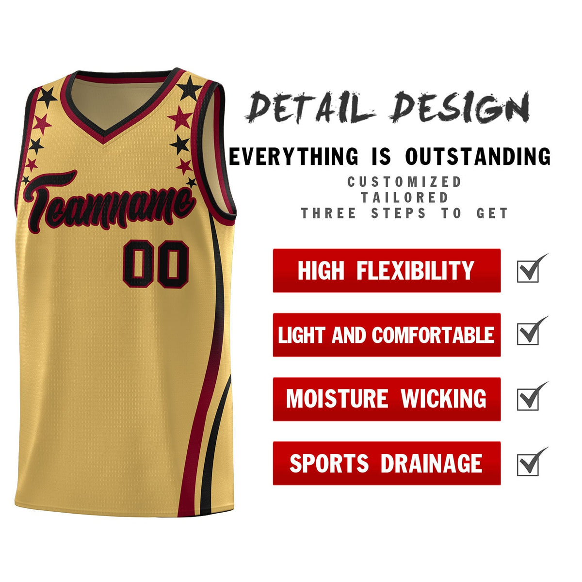Custom Old Gold Shoulders Star Pattern Side Color Block Sports Uniform Basketball Kits