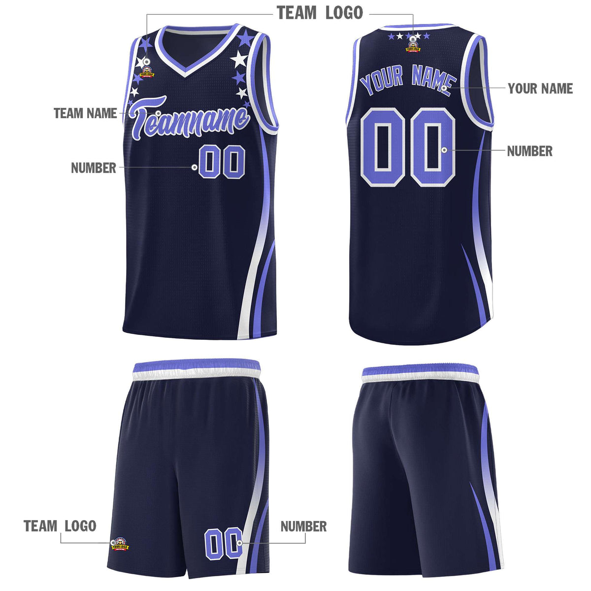 Custom Navy Shoulders Star Pattern Side Color Block Sports Uniform Basketball Kits