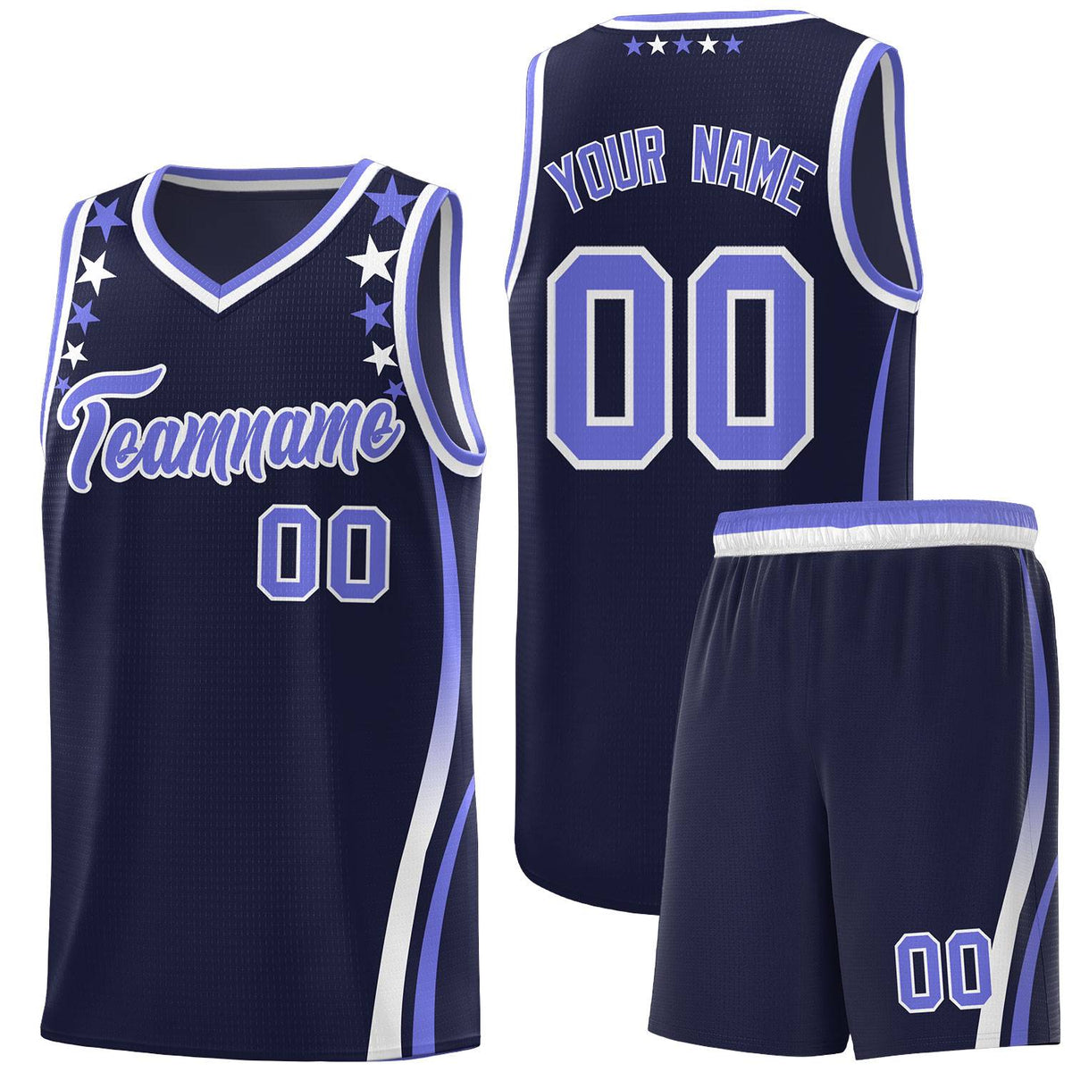 Custom Navy Shoulders Star Pattern Side Color Block Sports Uniform Basketball Kits
