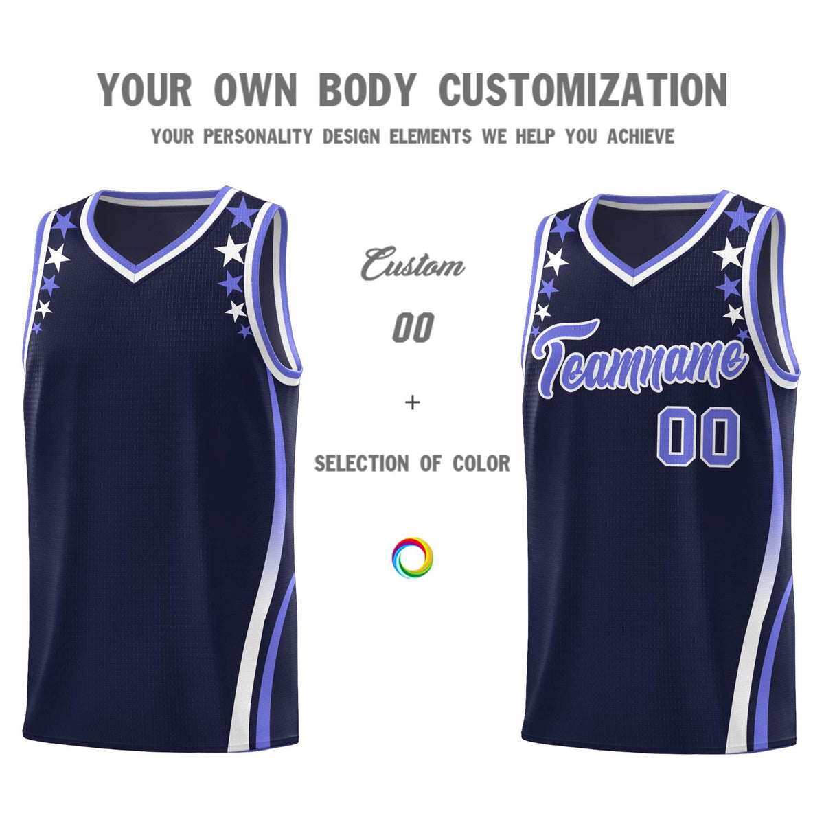 Custom Navy Shoulders Star Pattern Side Color Block Sports Uniform Basketball Kits