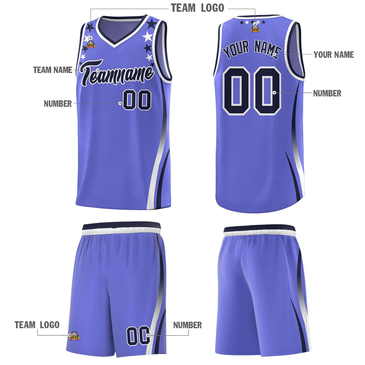 Custom Purple Shoulders Star Pattern Side Color Block Sports Uniform Basketball Kits