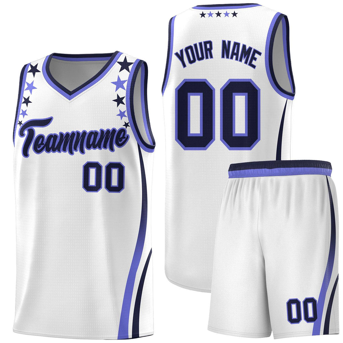 Custom White Shoulders Star Pattern Side Color Block Sports Uniform Basketball Kits