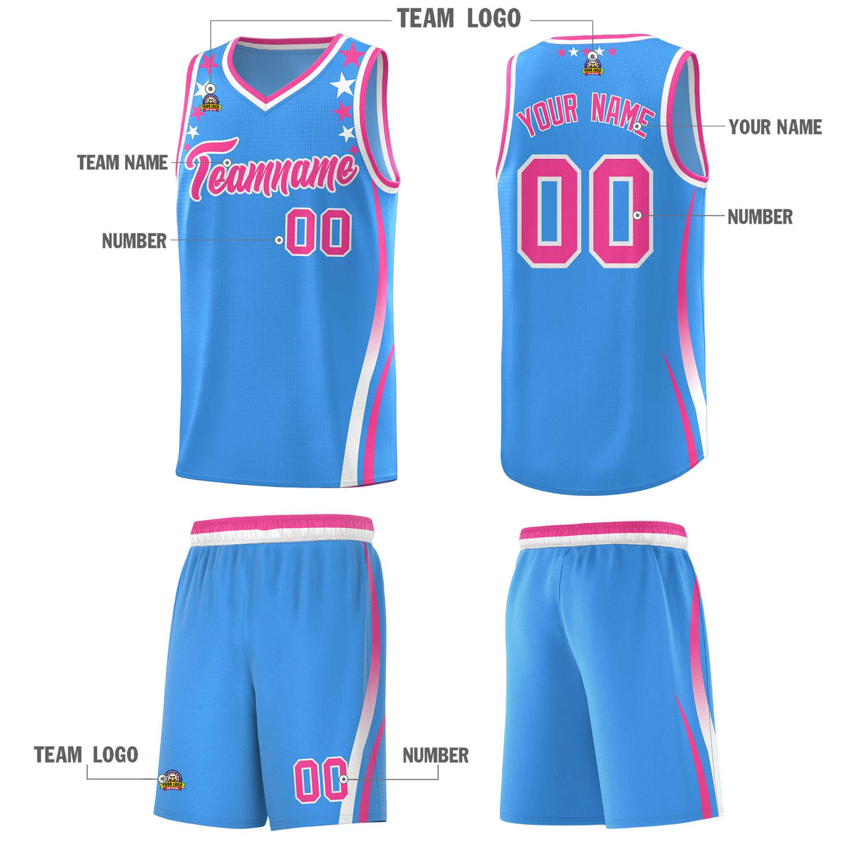 Custom Light Blue Shoulders Star Pattern Side Color Block Sports Uniform Basketball Kits
