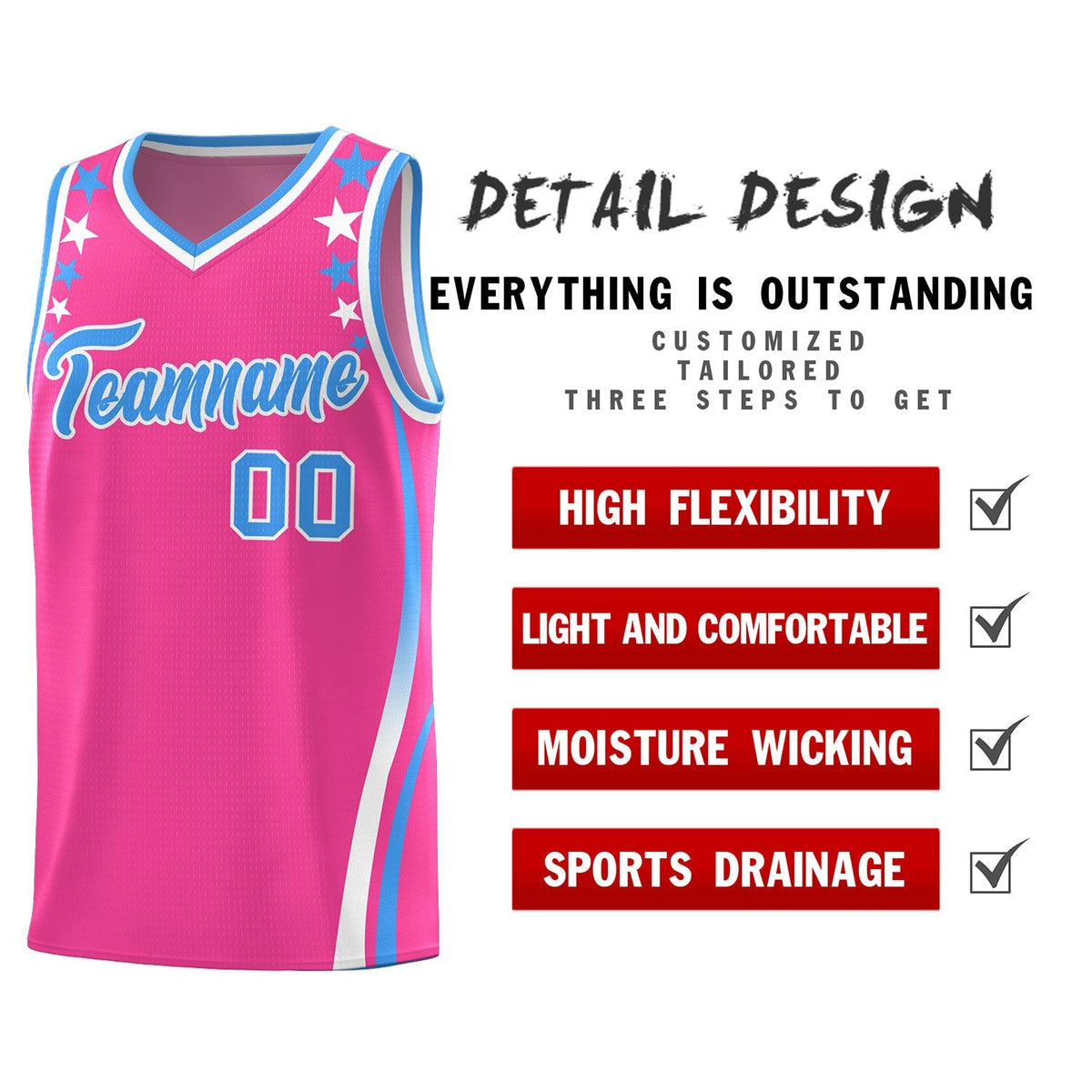Custom Pink Shoulders Star Pattern Side Color Block Sports Uniform Basketball Kits