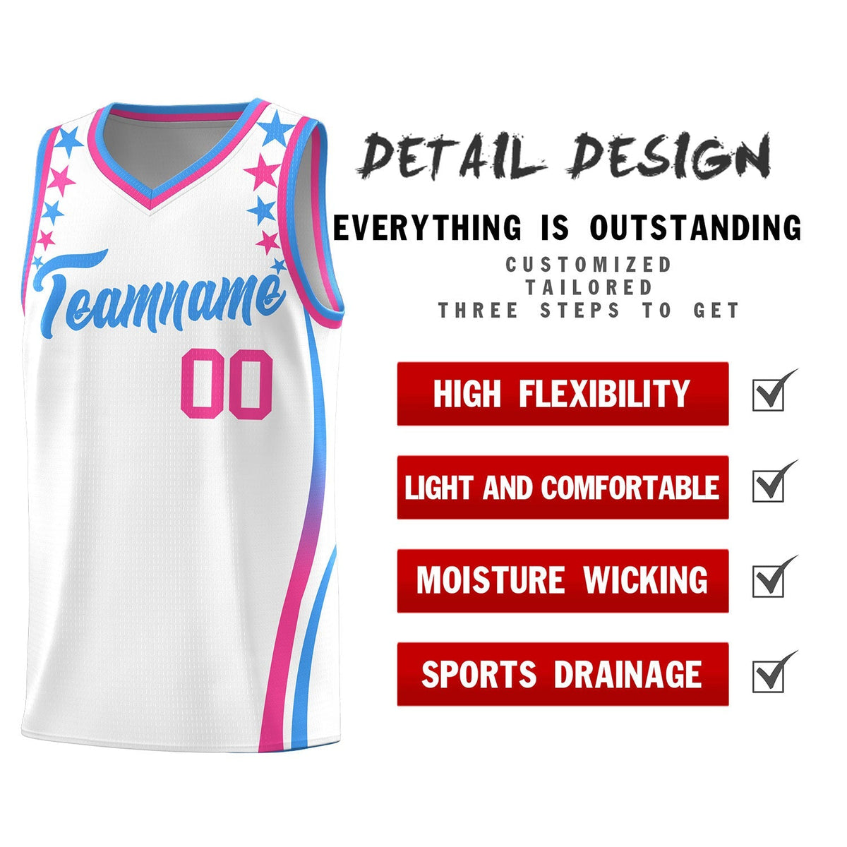 Custom White Shoulders Star Pattern Side Color Block Sports Uniform Basketball Kits