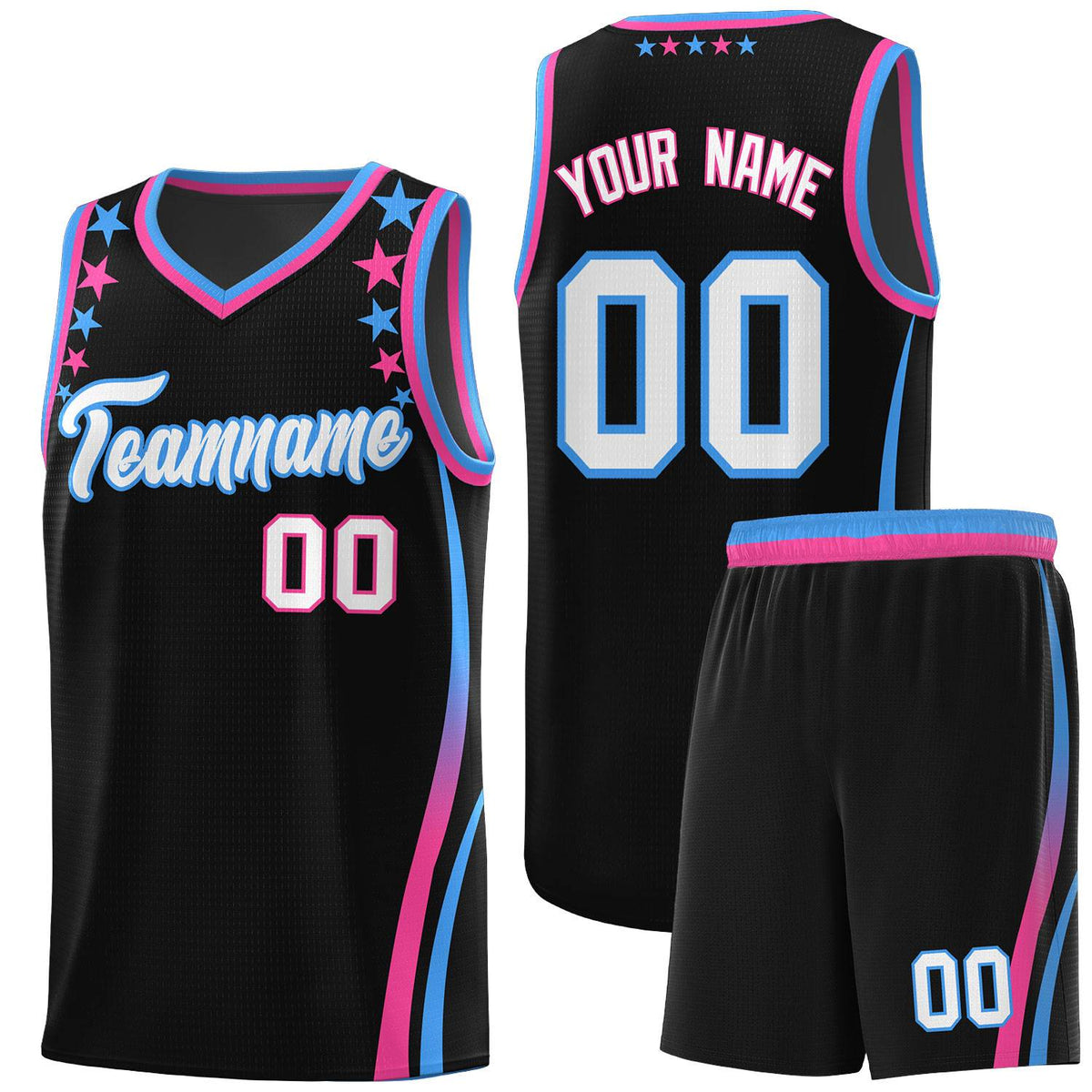 Custom Black Shoulders Star Pattern Side Color Block Sports Uniform Basketball Kits
