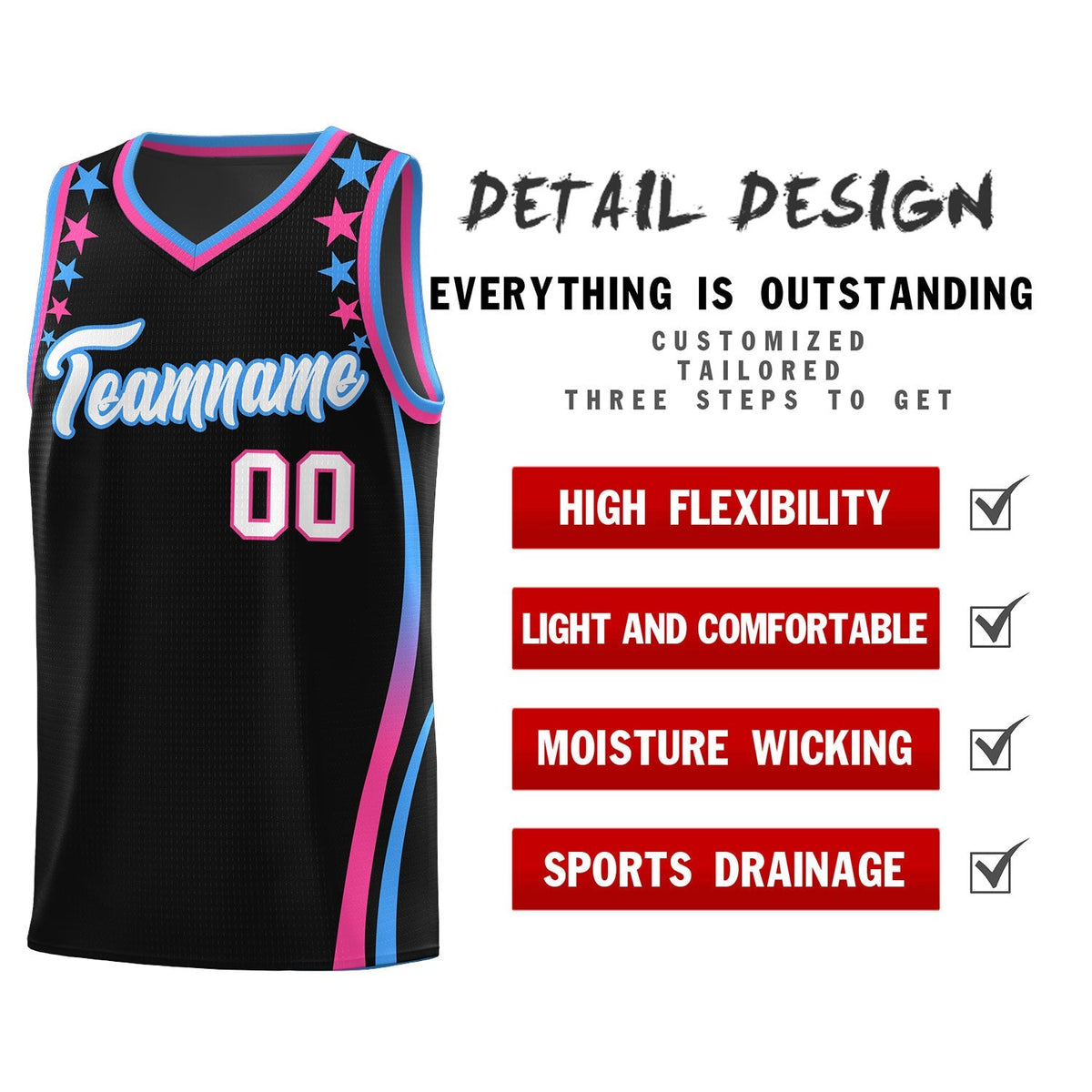 Custom Black Shoulders Star Pattern Side Color Block Sports Uniform Basketball Kits