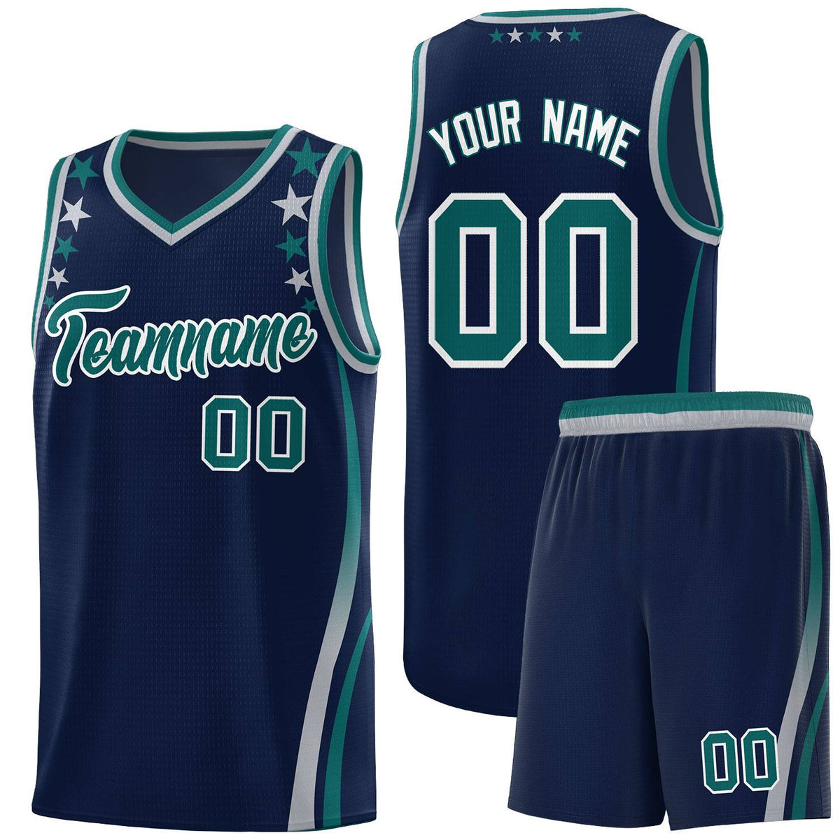 Custom Navy Shoulders Star Pattern Side Color Block Sports Uniform Basketball Kits