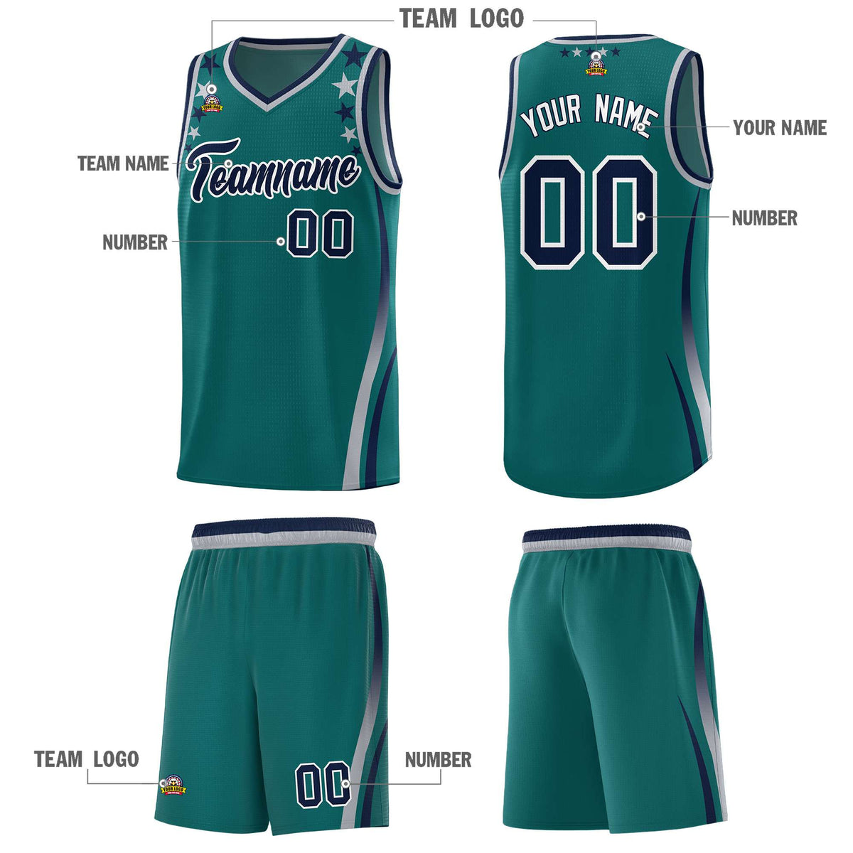 Custom Aqua Shoulders Star Pattern Side Color Block Sports Uniform Basketball Kits