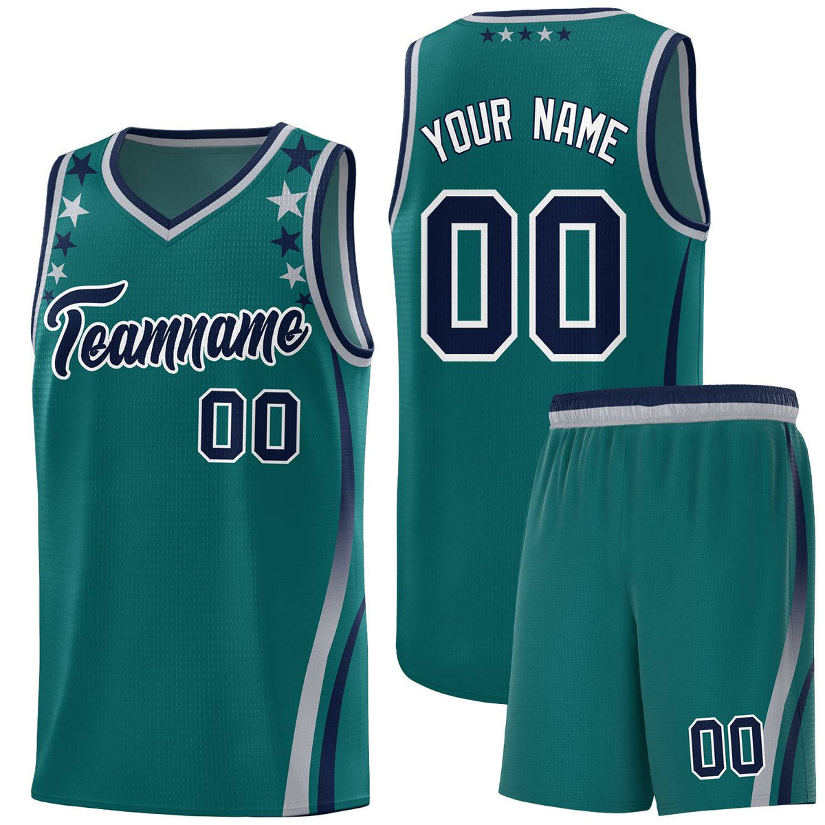 Custom Aqua Shoulders Star Pattern Side Color Block Sports Uniform Basketball Kits