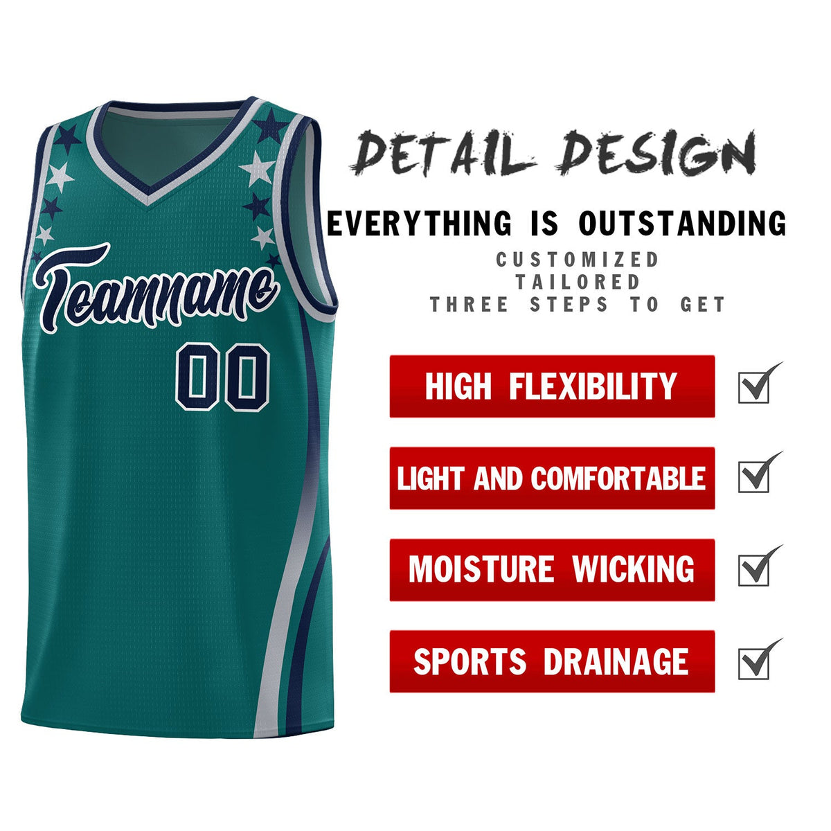 Custom Aqua Shoulders Star Pattern Side Color Block Sports Uniform Basketball Kits