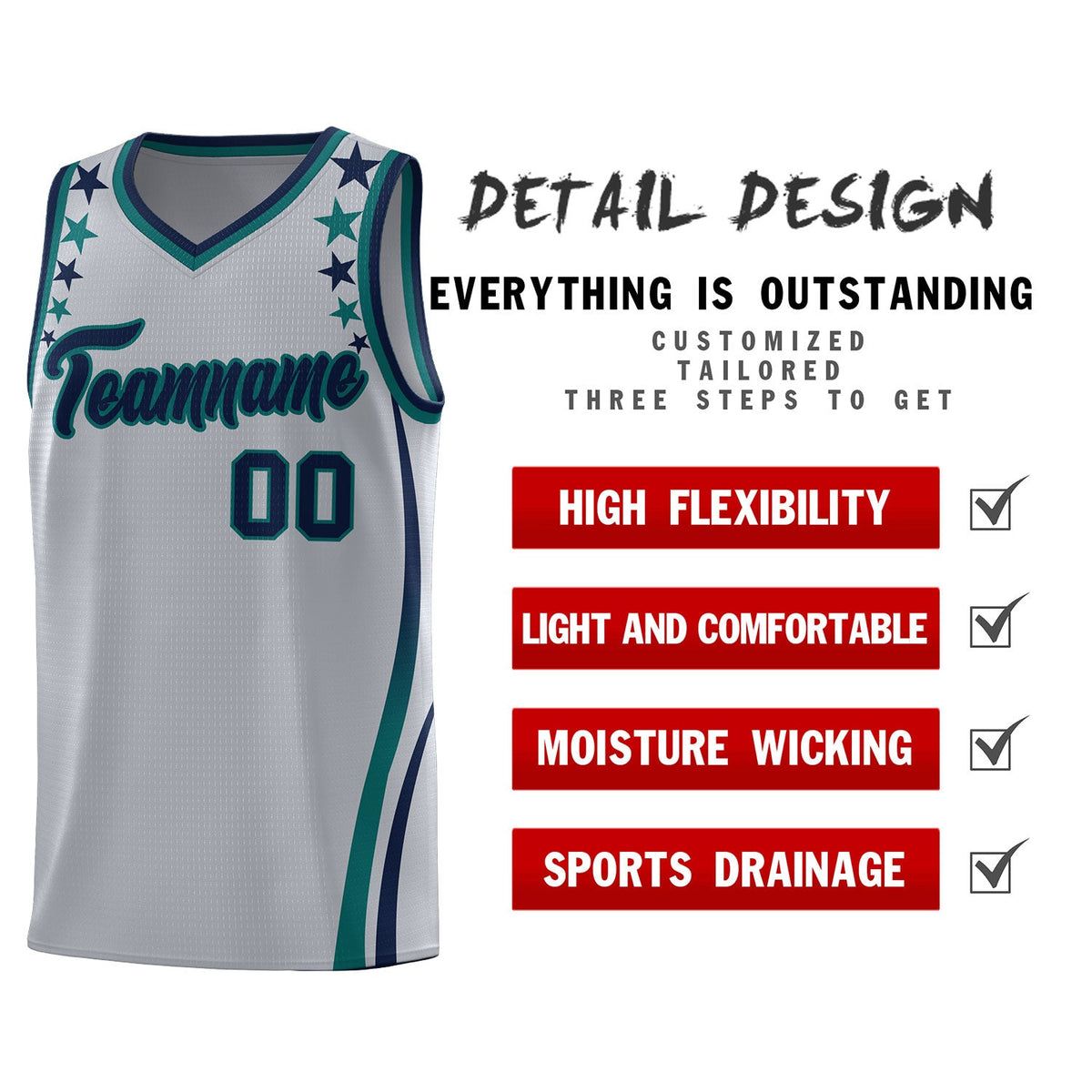 Custom Gray Shoulders Star Pattern Side Color Block Sports Uniform Basketball Kits