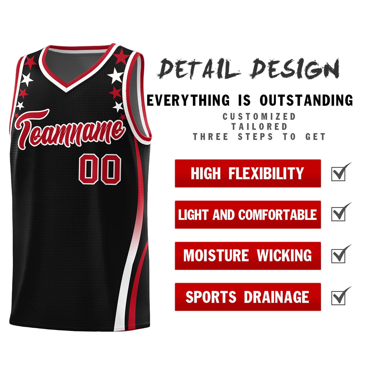 Custom Black Shoulders Star Pattern Side Color Block Sports Uniform Basketball Kits