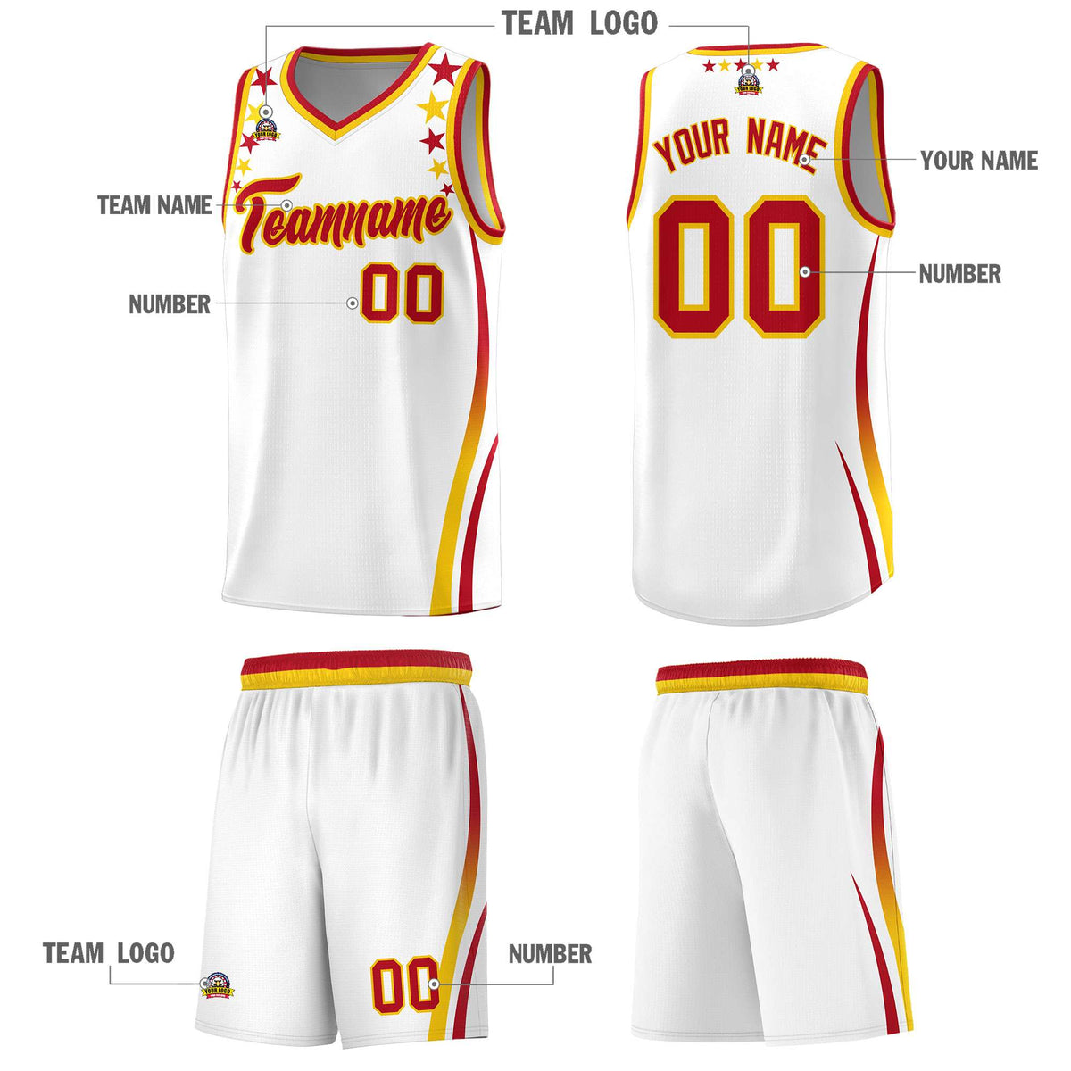 Custom White Shoulders Star Pattern Side Color Block Sports Uniform Basketball Kits