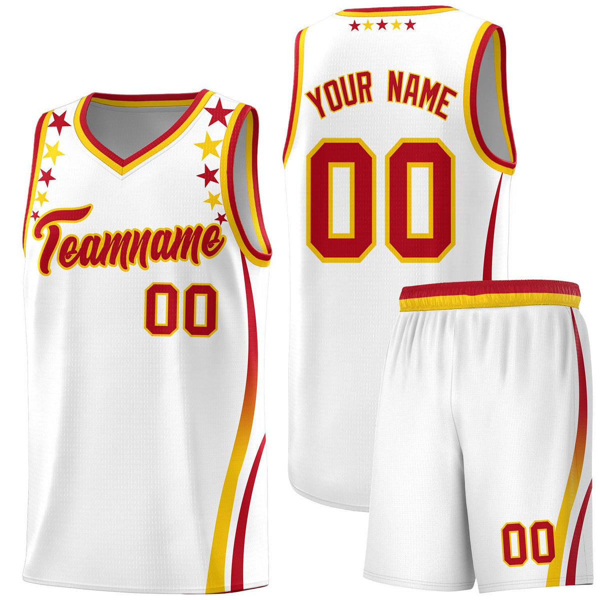 Custom White Shoulders Star Pattern Side Color Block Sports Uniform Basketball Kits
