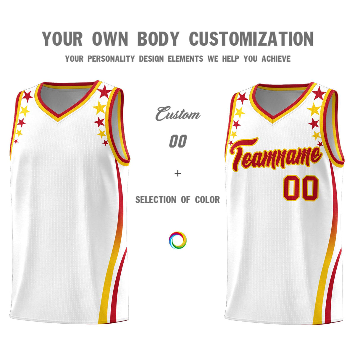 Custom White Shoulders Star Pattern Side Color Block Sports Uniform Basketball Kits