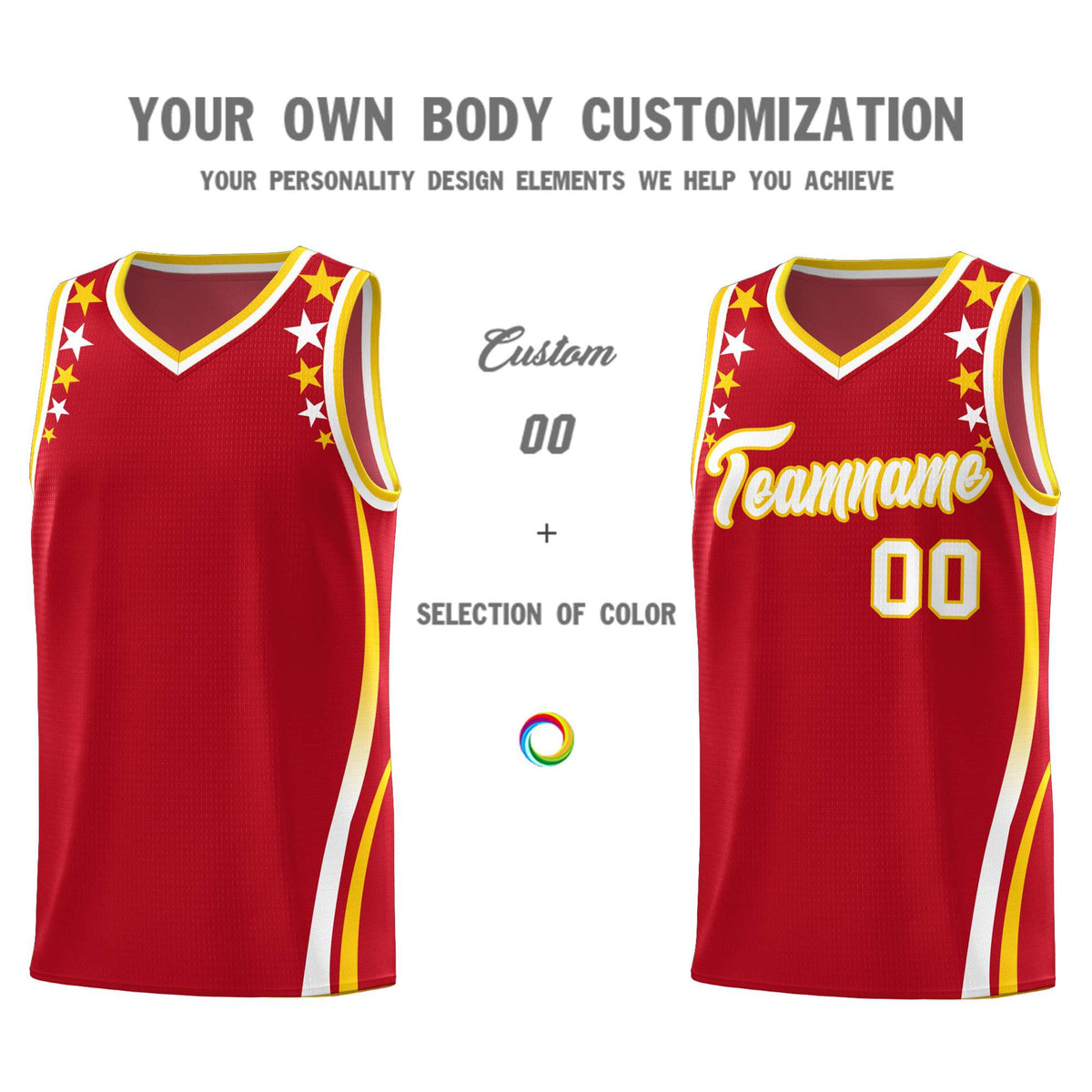 Custom Red Shoulders Star Pattern Side Color Block Sports Uniform Basketball Kits