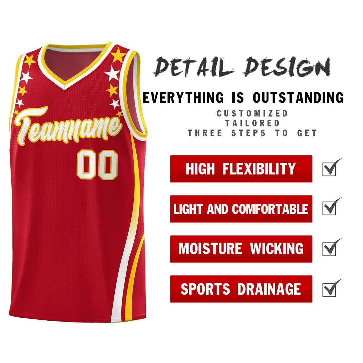 Custom Red Shoulders Star Pattern Side Color Block Sports Uniform Basketball Kits