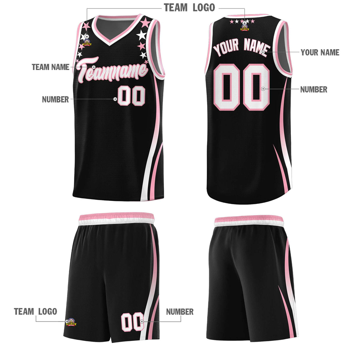 Custom Black Shoulders Star Pattern Side Color Block Sports Uniform Basketball Kits