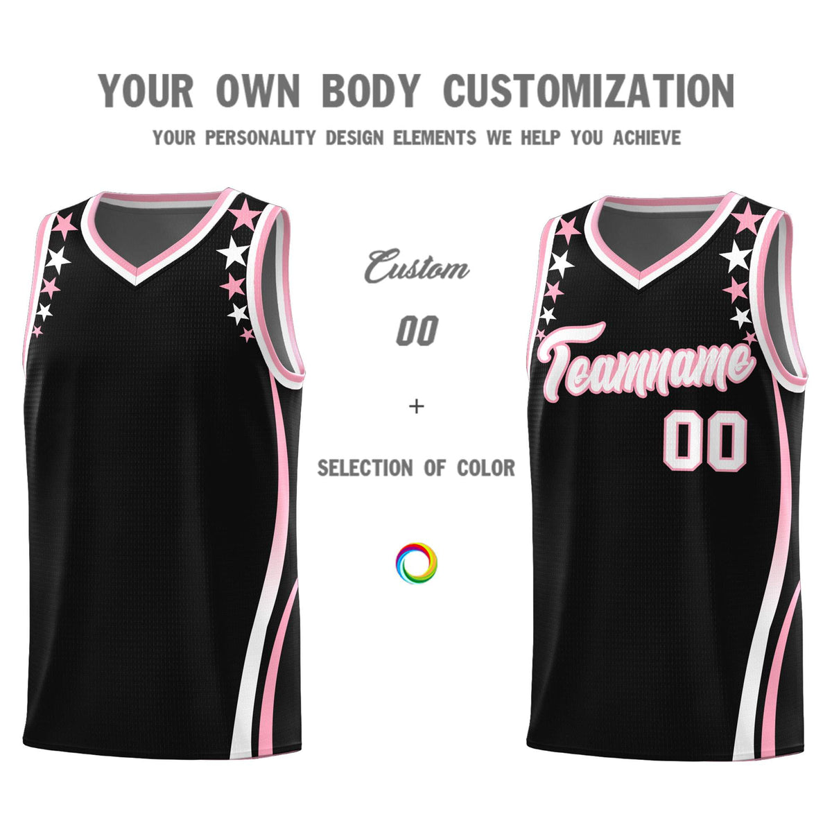 Custom Black Shoulders Star Pattern Side Color Block Sports Uniform Basketball Kits