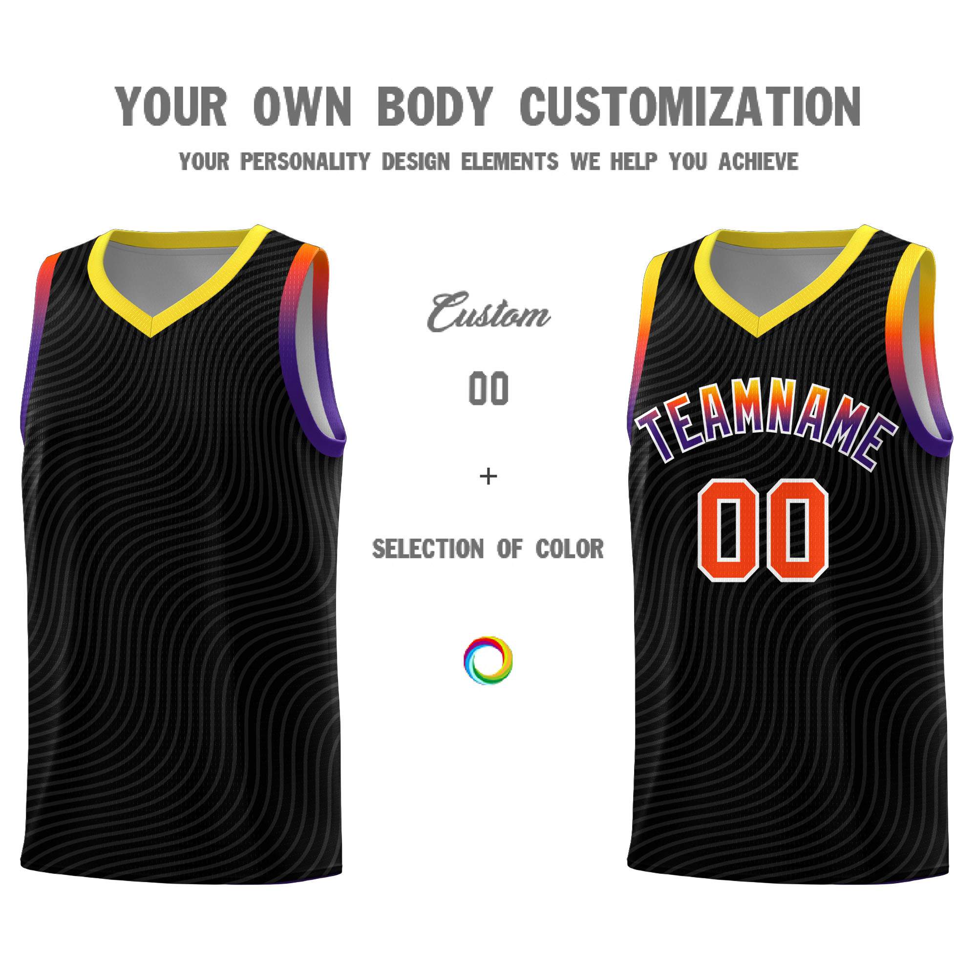 Custom Black Gold Wave Pattern Sports Uniform Basketball Kits