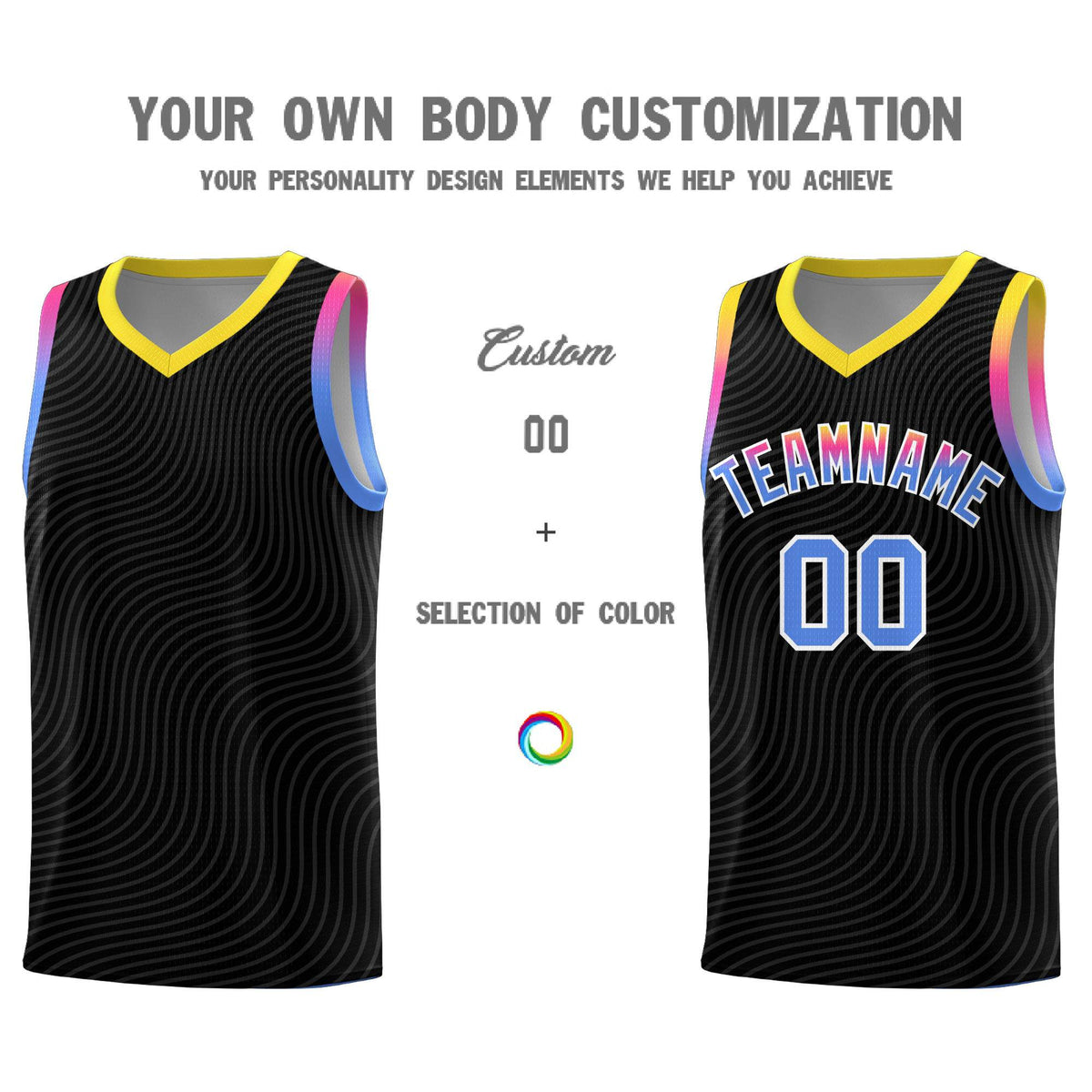 Custom Black Gold Wave Pattern Sports Uniform Basketball Kits