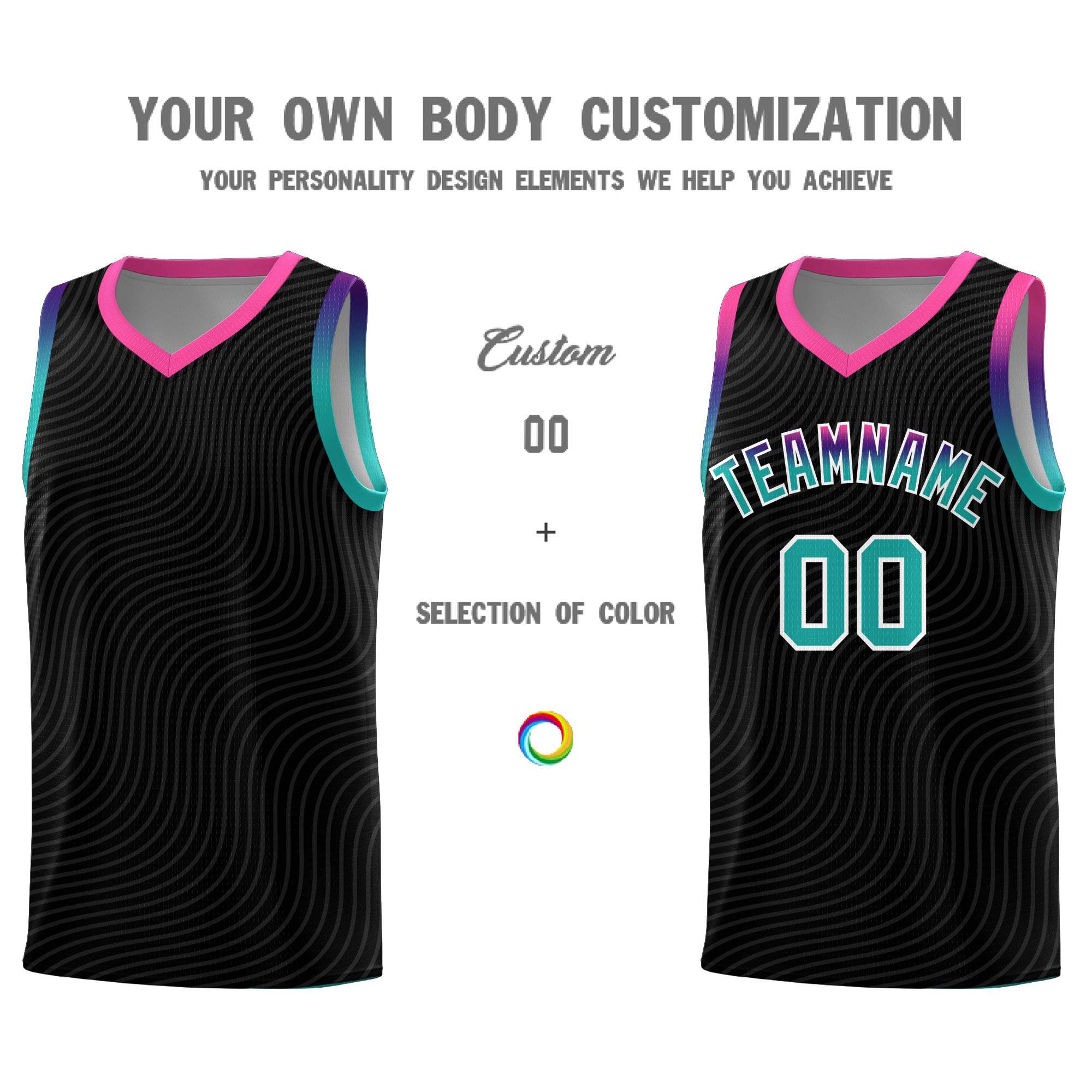 Custom Black Pink Wave Pattern Sports Uniform Basketball Kits