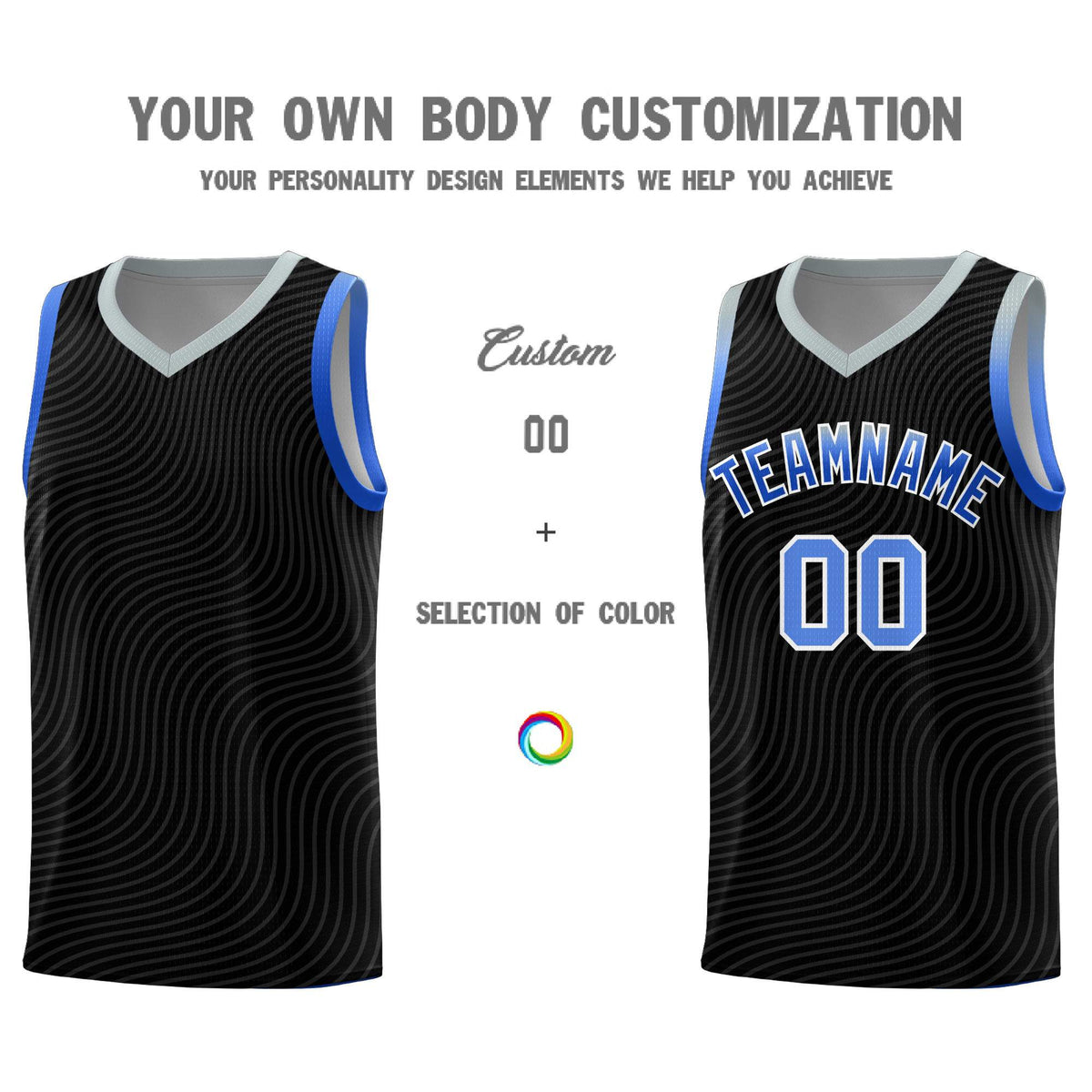 Custom Black Gray Wave Pattern Sports Uniform Basketball Kits