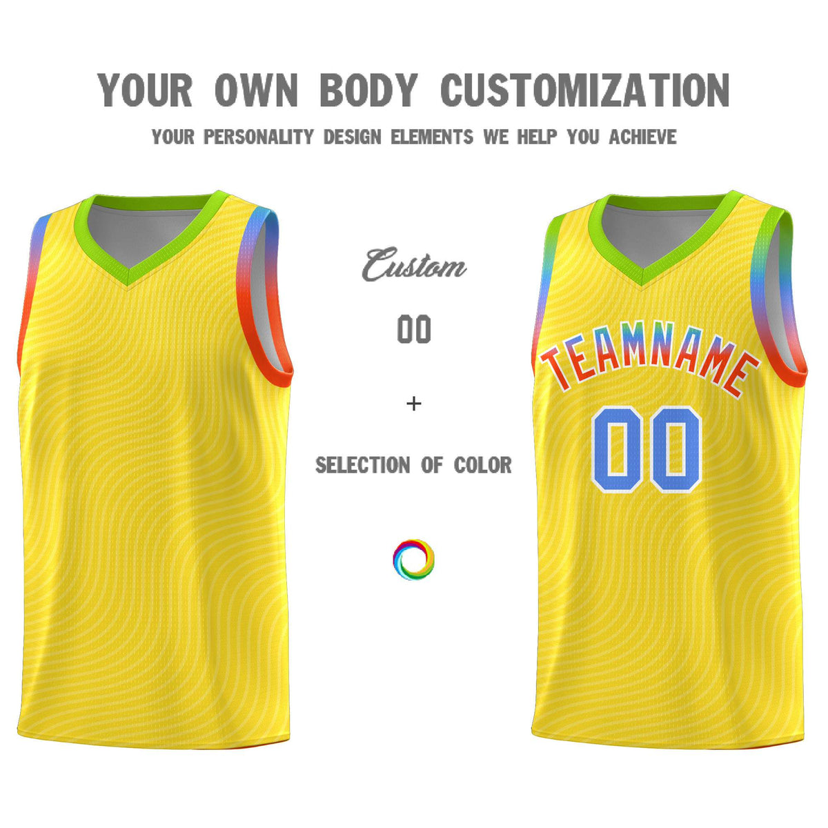 Custom Gold Neon Green Wave Pattern Sports Uniform Basketball Kits