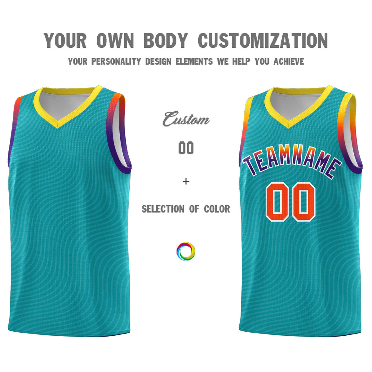 Custom Aqua Gold Wave Pattern Sports Uniform Basketball Kits