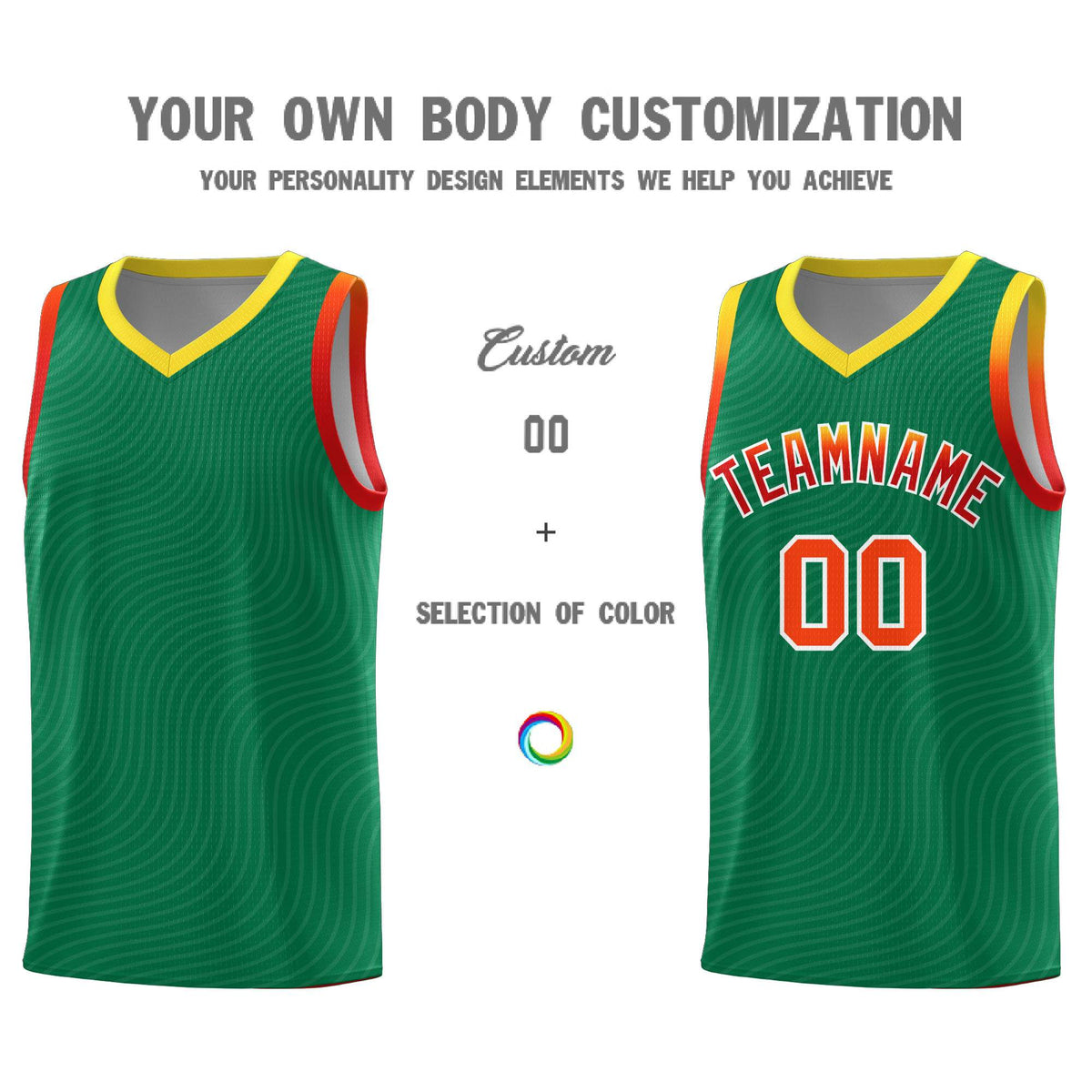 Custom Kelly Green Gold Wave Pattern Sports Uniform Basketball Kits