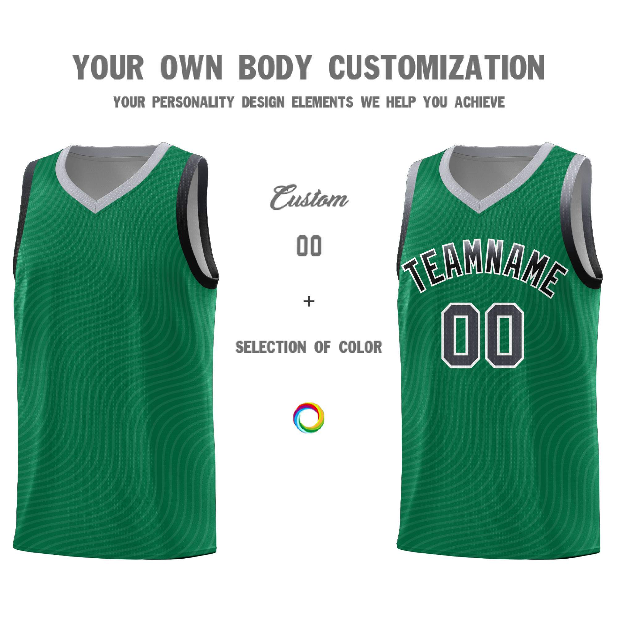 Custom Kelly Green Gray Wave Pattern Sports Uniform Basketball Kits