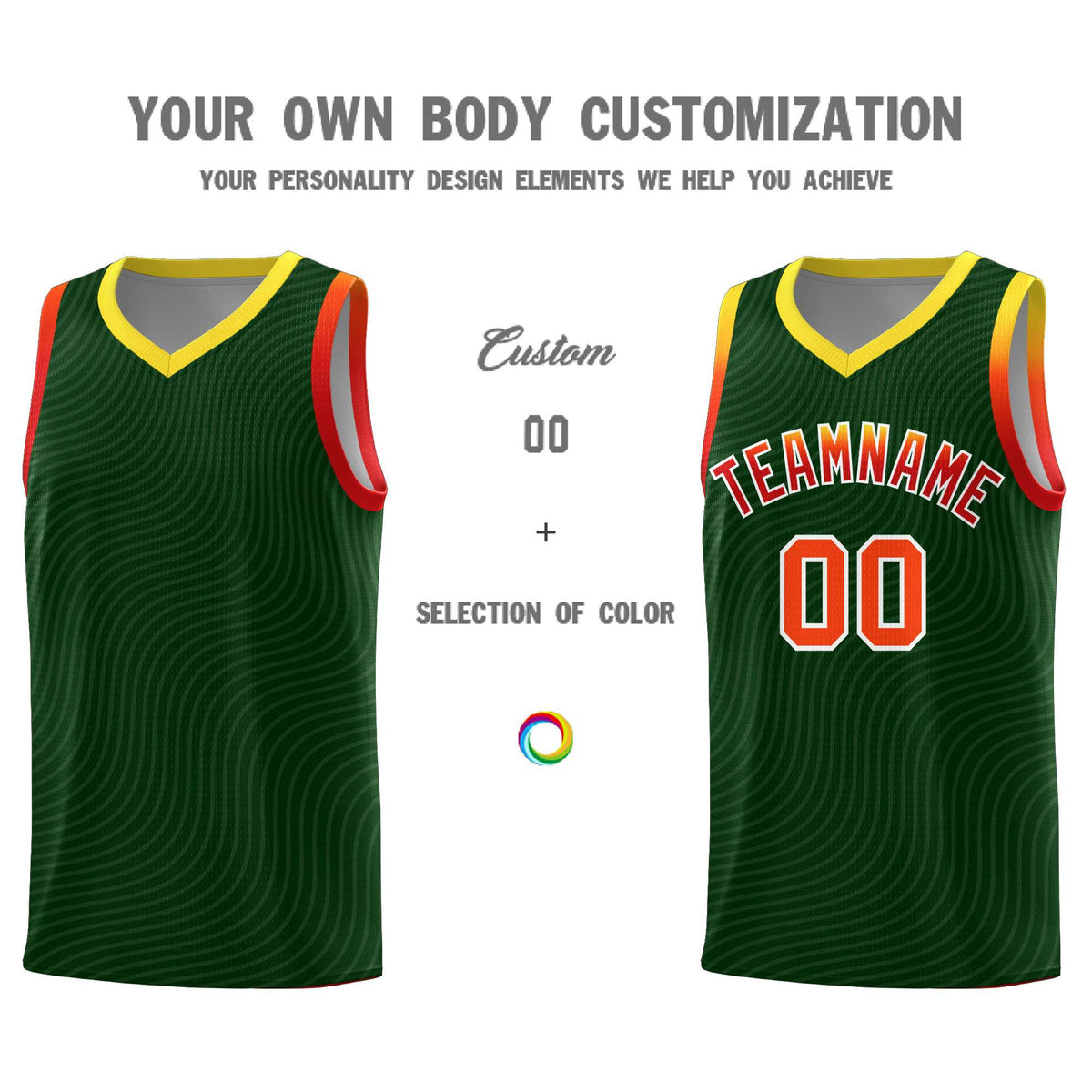Custom Hunter Green Gold Wave Pattern Sports Uniform Basketball Kits