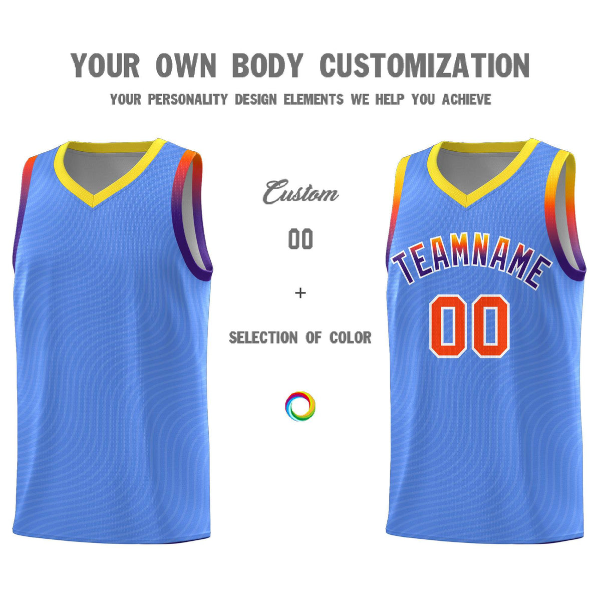 Custom Light Blue Gold Wave Pattern Sports Uniform Basketball Kits