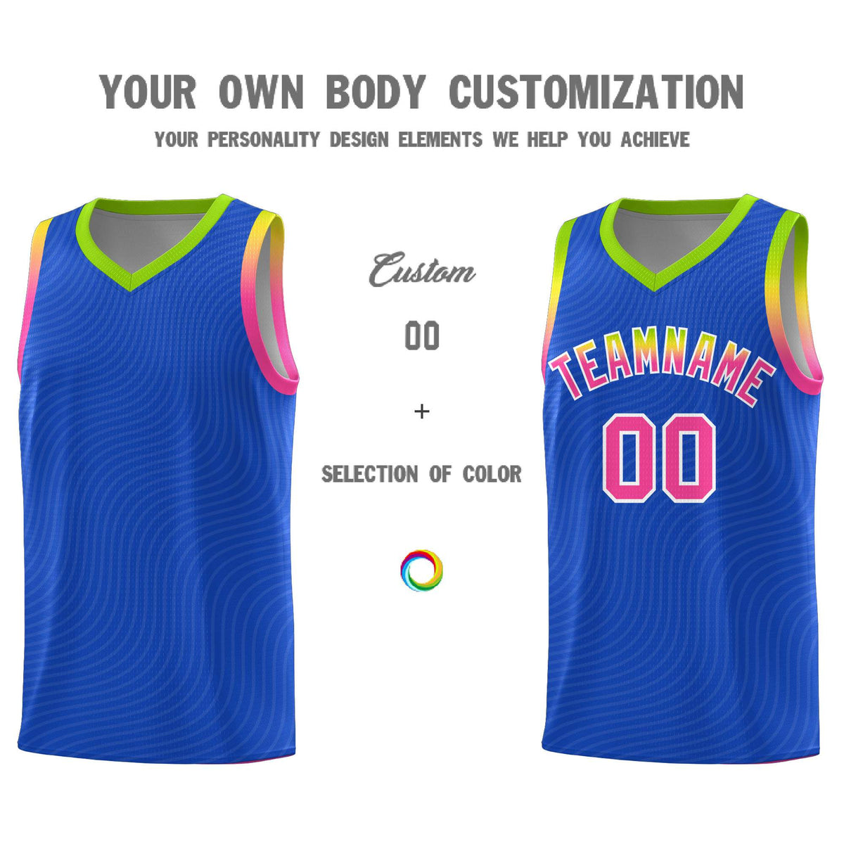 Custom Royal Blue Neon Green Wave Pattern Sports Uniform Basketball Kits