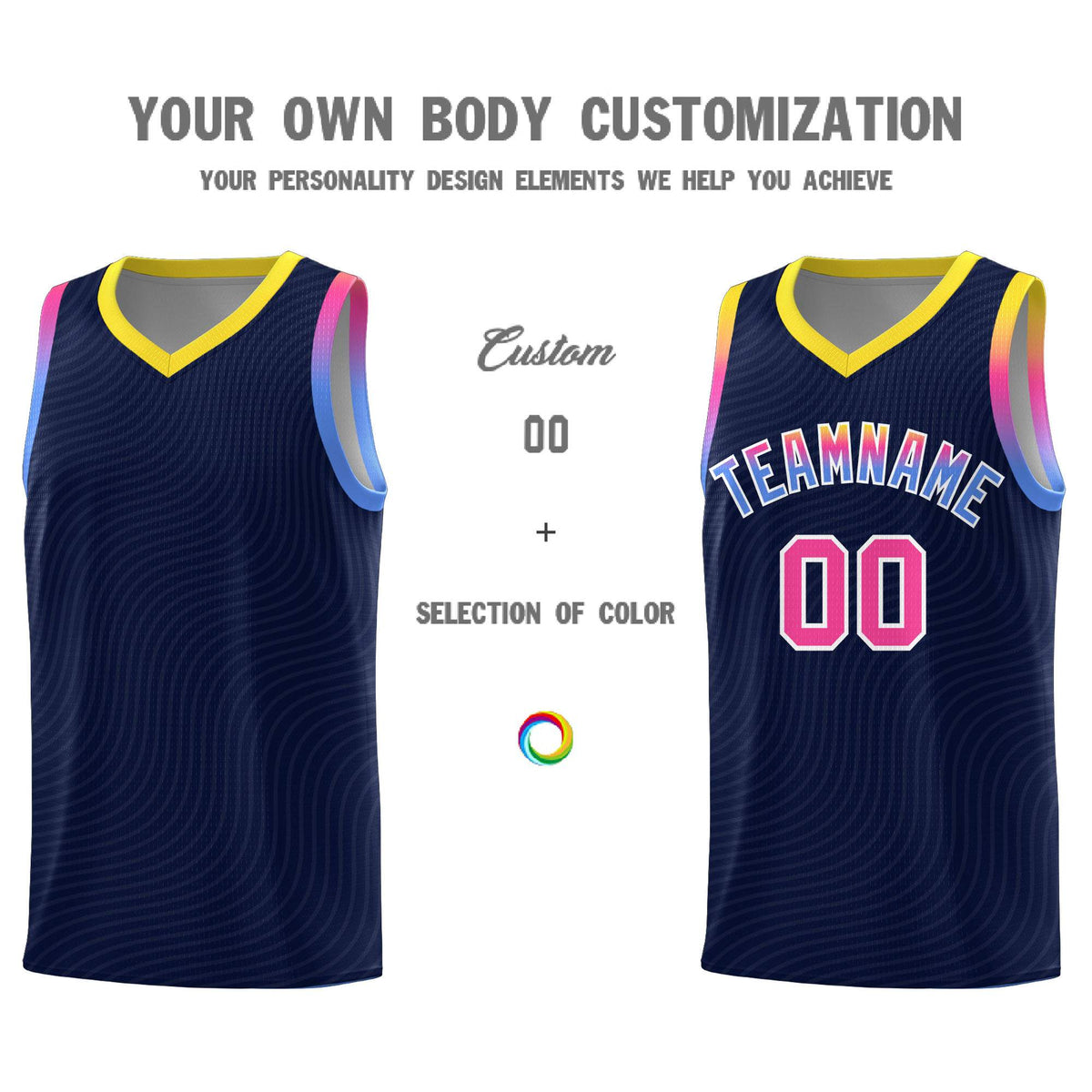 Custom Navy Gold Wave Pattern Sports Uniform Basketball Kits